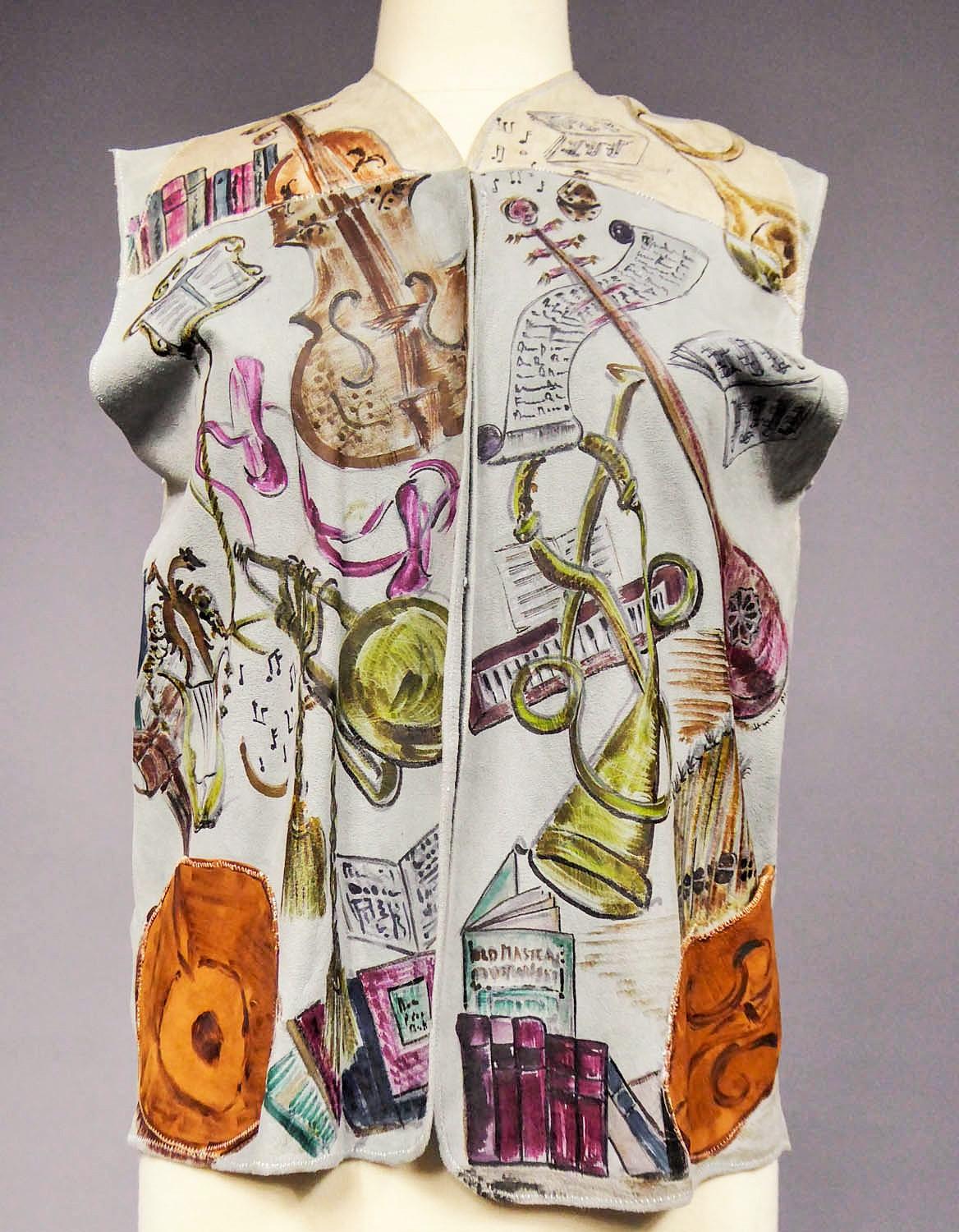 Gilet Bolero in pelle scamosciata forse dipinto da René Gruau - Francese Circa 1940-1950 in vendita 3