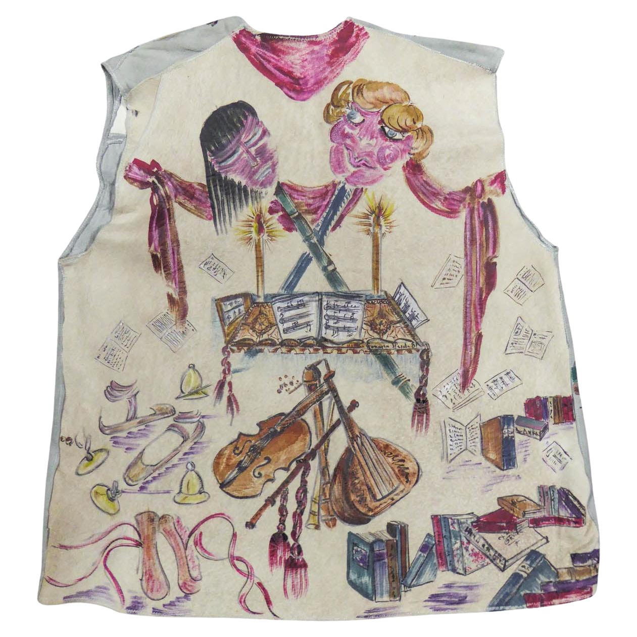 Bolero waistcoat in suede possibly painted by René Gruau -French Circa 1940-1950