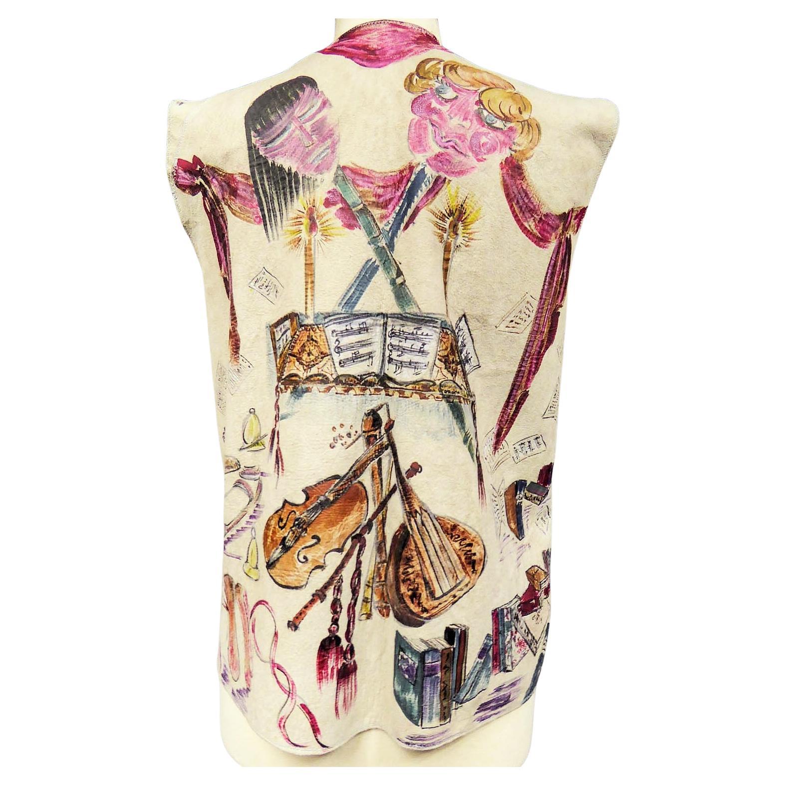 Bolero waistcoat in suede possibly painted by René Gruau -French Circa 1940-1950 For Sale