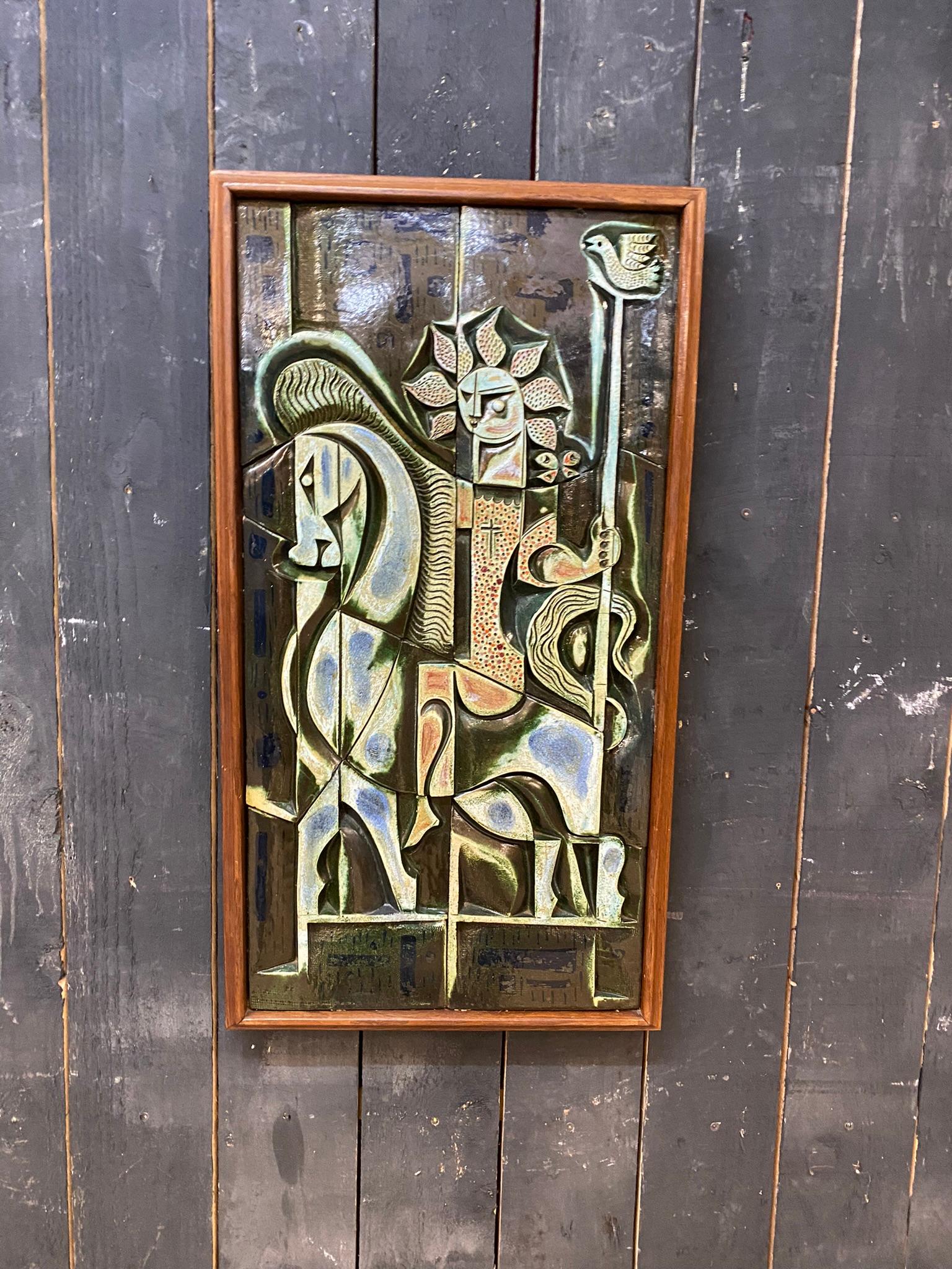 Mid-20th Century Boleslaw Danikowski Large Ceramic Panel in a Wooden Frame, circa 1950 For Sale