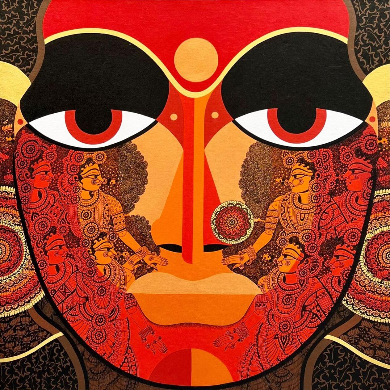 Astalakshmi, Metallic, Metallic Acrylic, Pen & Ink Contemporary Artist "Auf Lager"