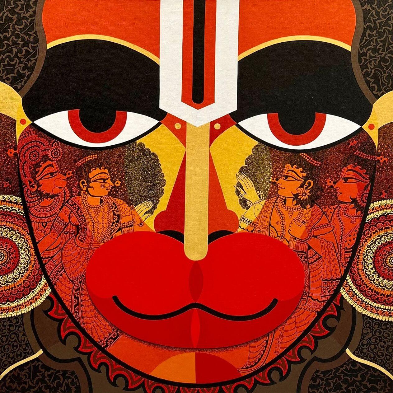 Lord Hanuman, Metallisch, Metallisches Acryl, Feder & Tinte Zeitgenössischer Künstler-auf Lager