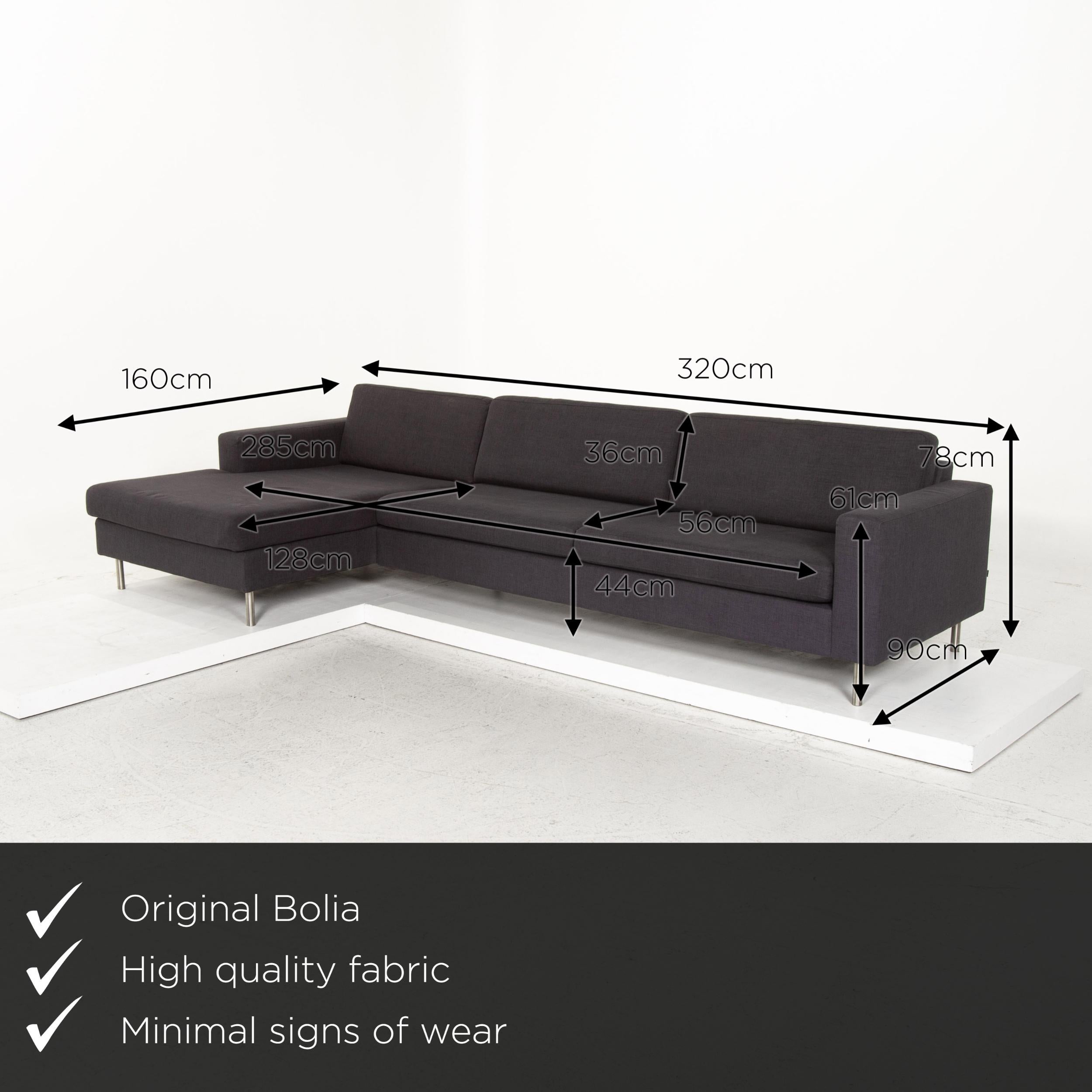 We present to you a Bolia fabric corner sofa anthracite gray sofa couch.


 Product measurements in centimeters:
 

Depth 90
Width 160
Height 78
Seat height 44
Rest height 61
Seat depth 128
Seat width 285
Back height 36.
 