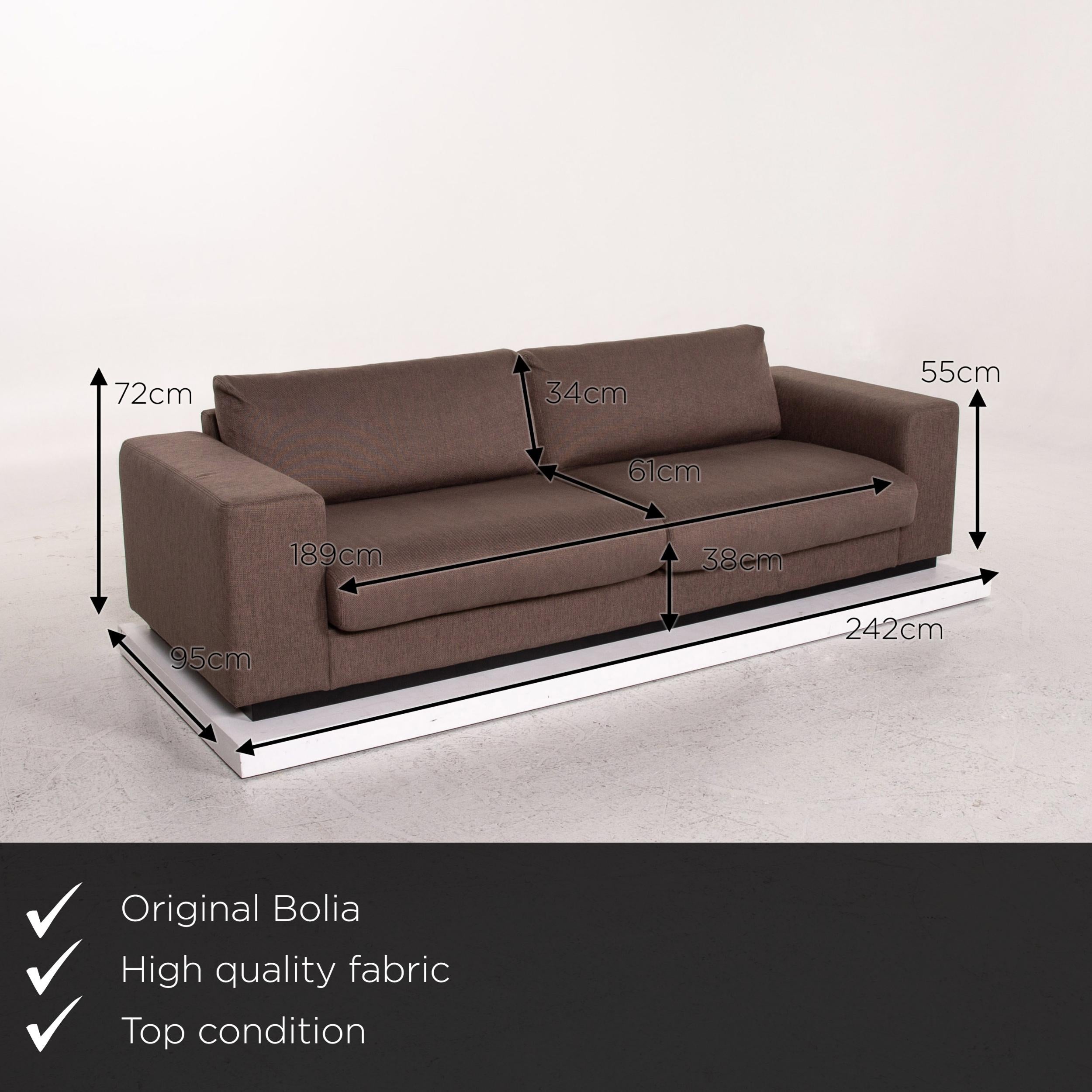 We present to you a Bolia sepia fabric sofa brown three-seat couch.

Product measurements in centimeters:

Depth 95
Width 242
Height 72
Seat height 38
Rest height 55
Seat depth 61
Seat width 189
Back height 34.
 
  
    