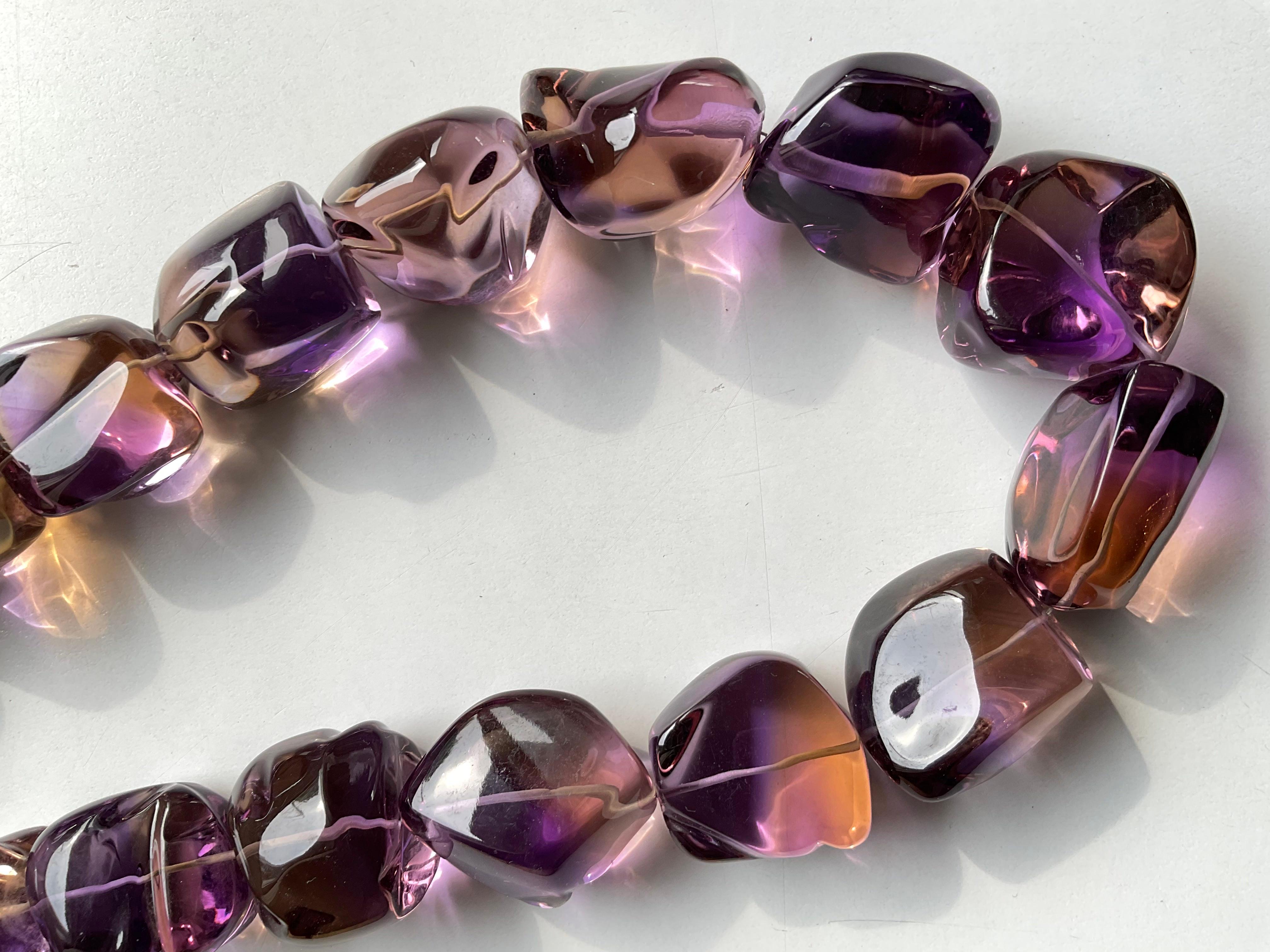 Tumbled Bolivian Ametrine Quartz Beaded fine Jewelry Necklace Gem Quality For Sale