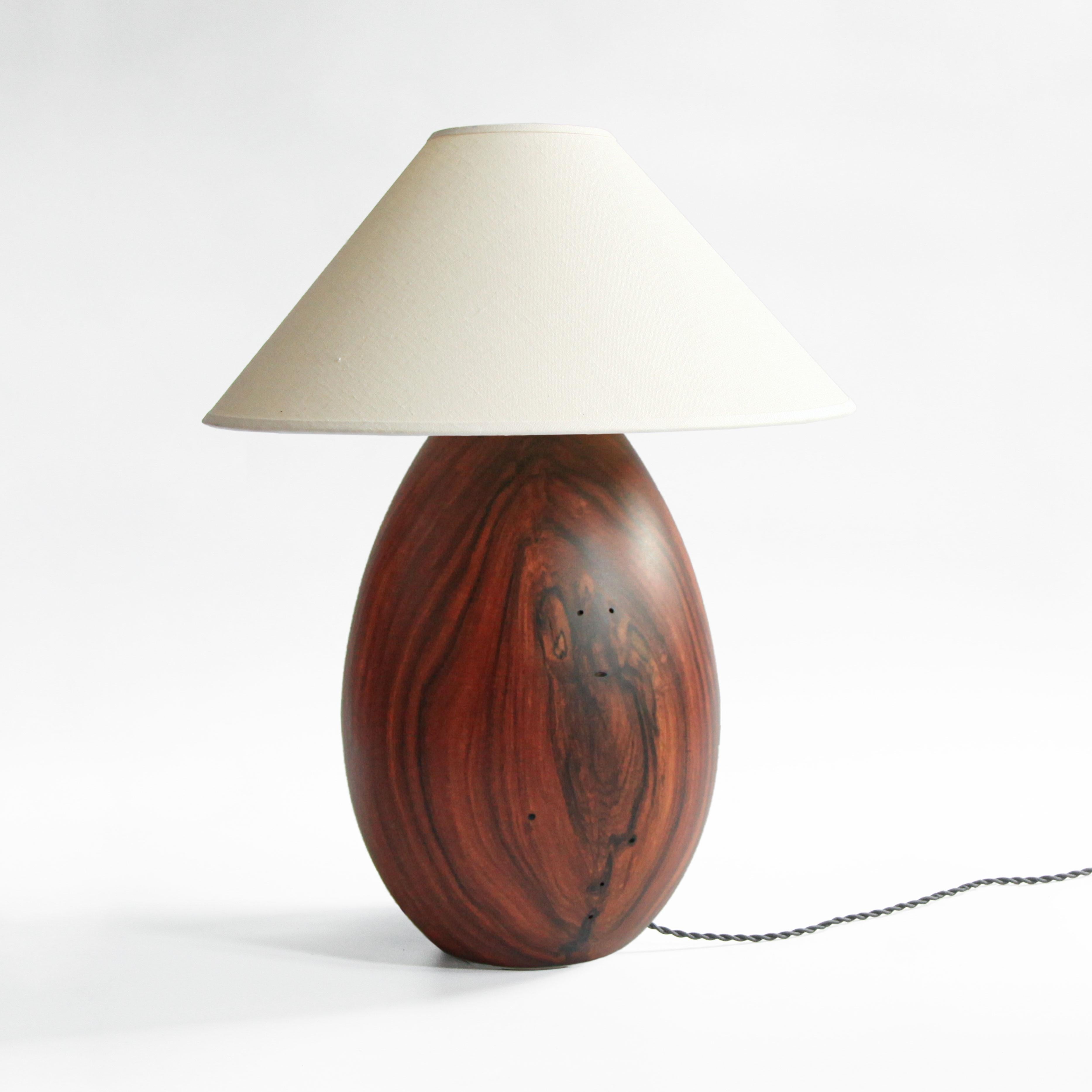 Woodwork Bolivian Rosewood Lamp with White Linen Shade, Large, Árbol Collection, 33 + 24 For Sale