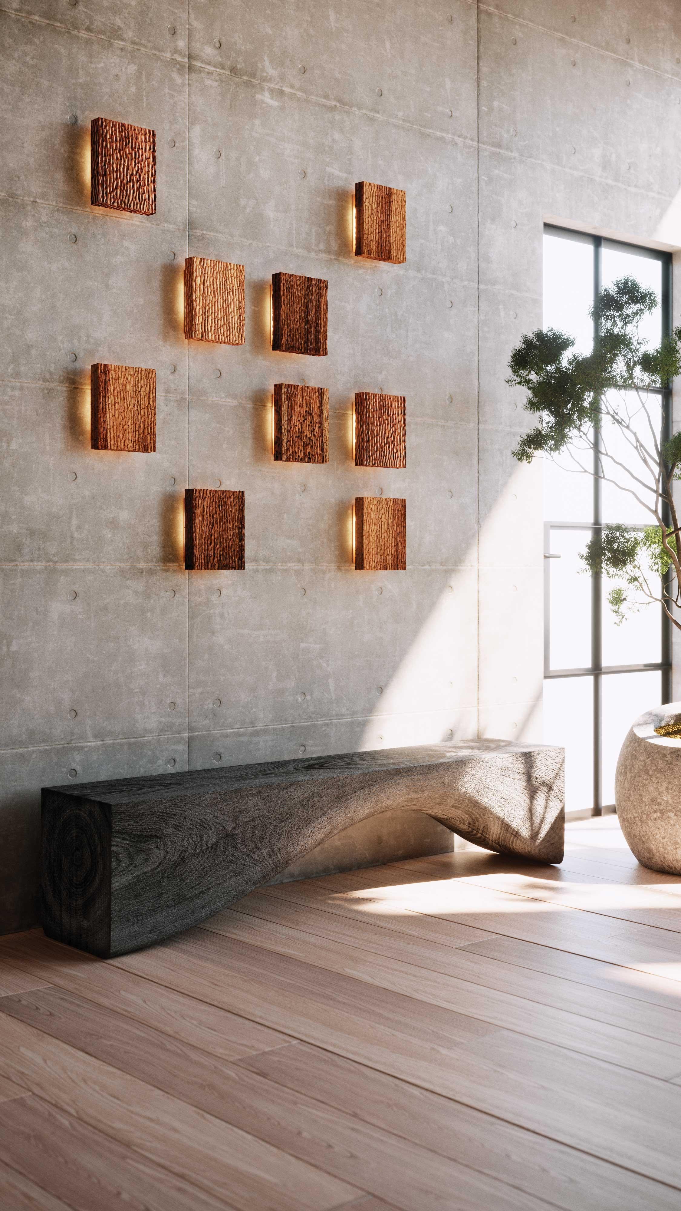 Mid-Century Modern Tropical Wood Wall Sconce, Tarara, Martillado Collection For Sale