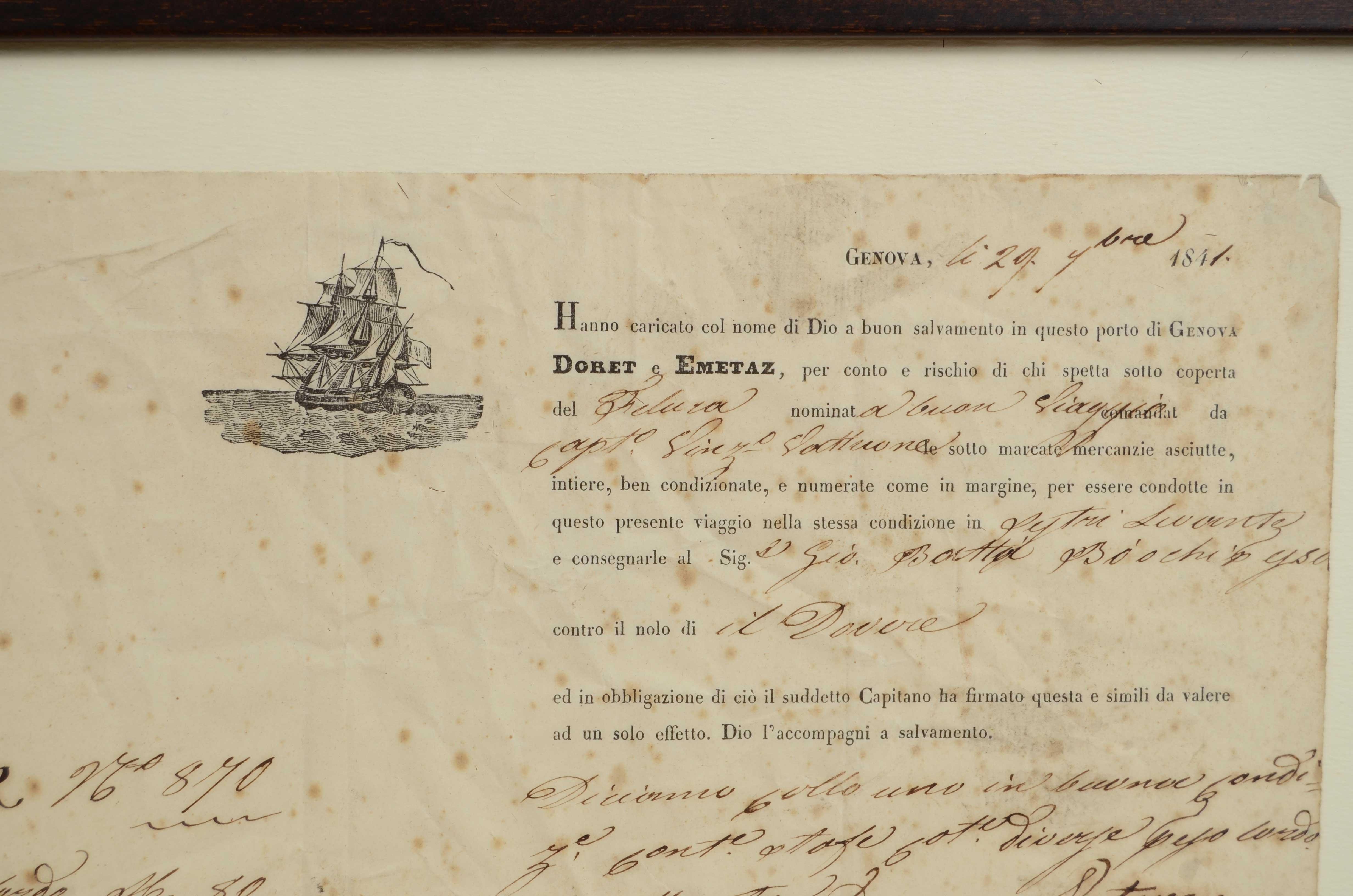 Bolla di trasporto marittimo 29 Ottobre 1841 della ditta Doret e Emetaz Genova im Zustand „Gut“ im Angebot in Milan, IT
