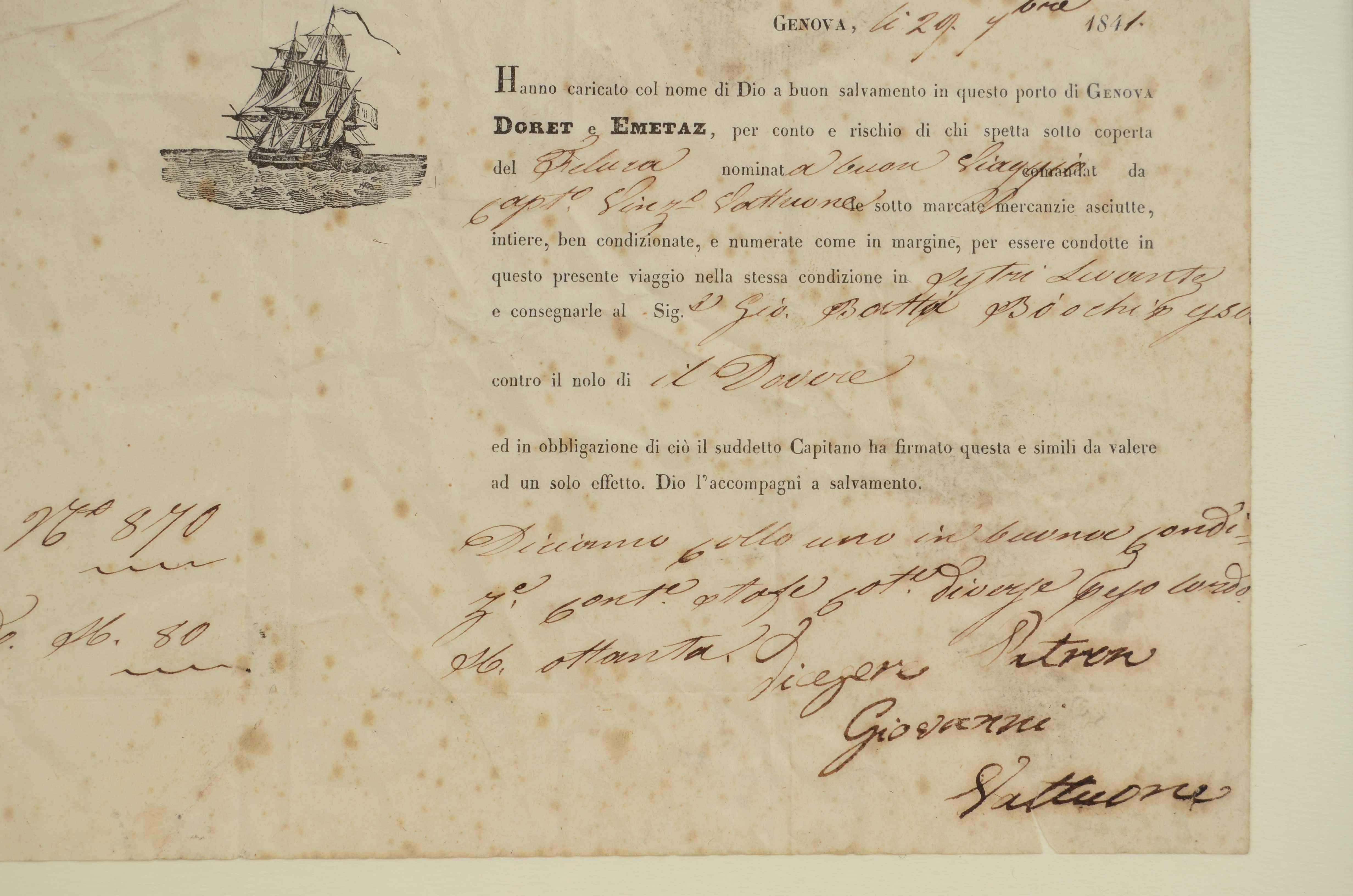 Bolla di trasporto marittimo 29 Ottobre 1841 della ditta Doret e Emetaz Genova In Good Condition For Sale In Milan, IT
