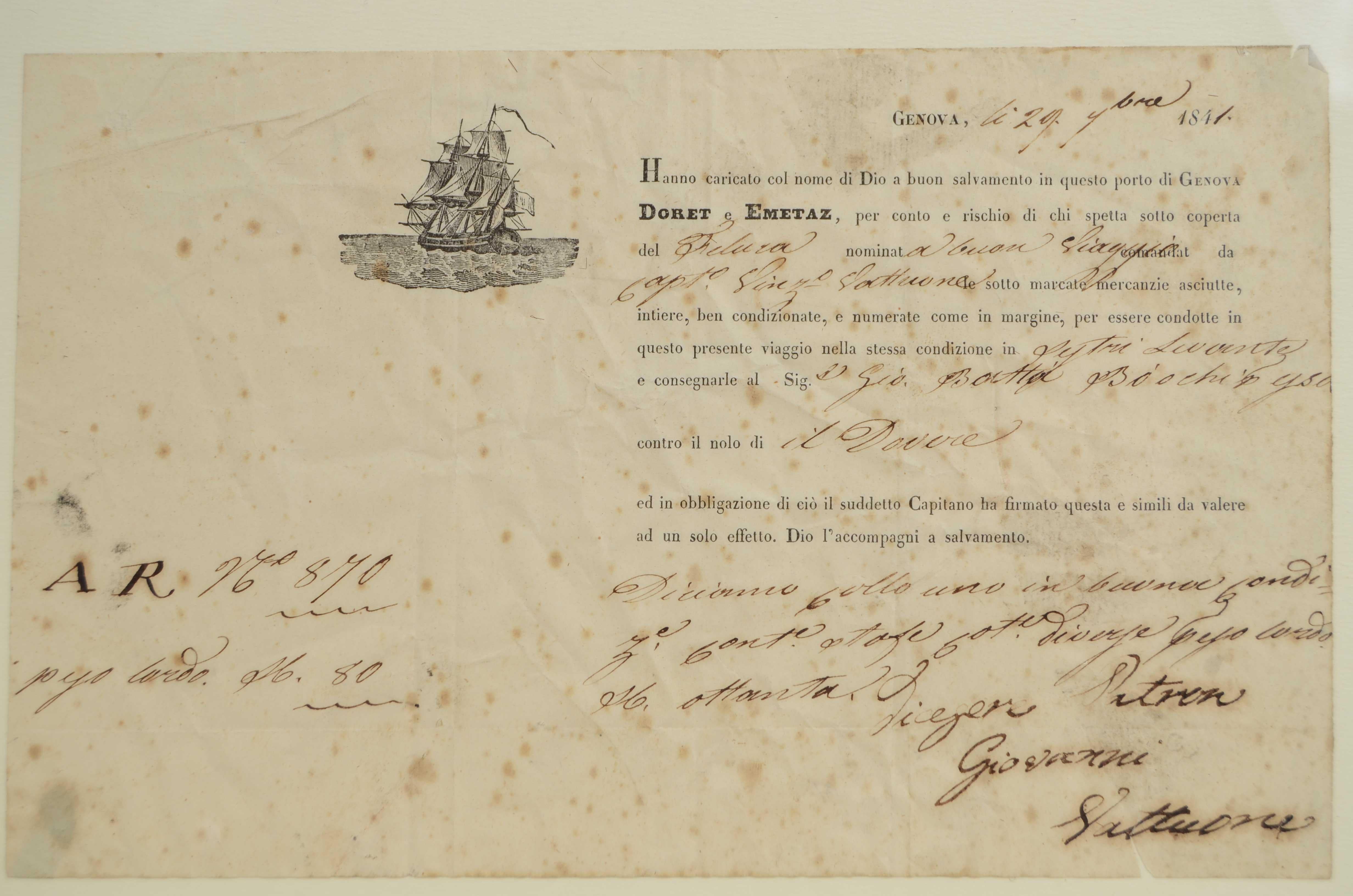 19th Century Bolla di trasporto marittimo 29 Ottobre 1841 della ditta Doret e Emetaz Genova For Sale