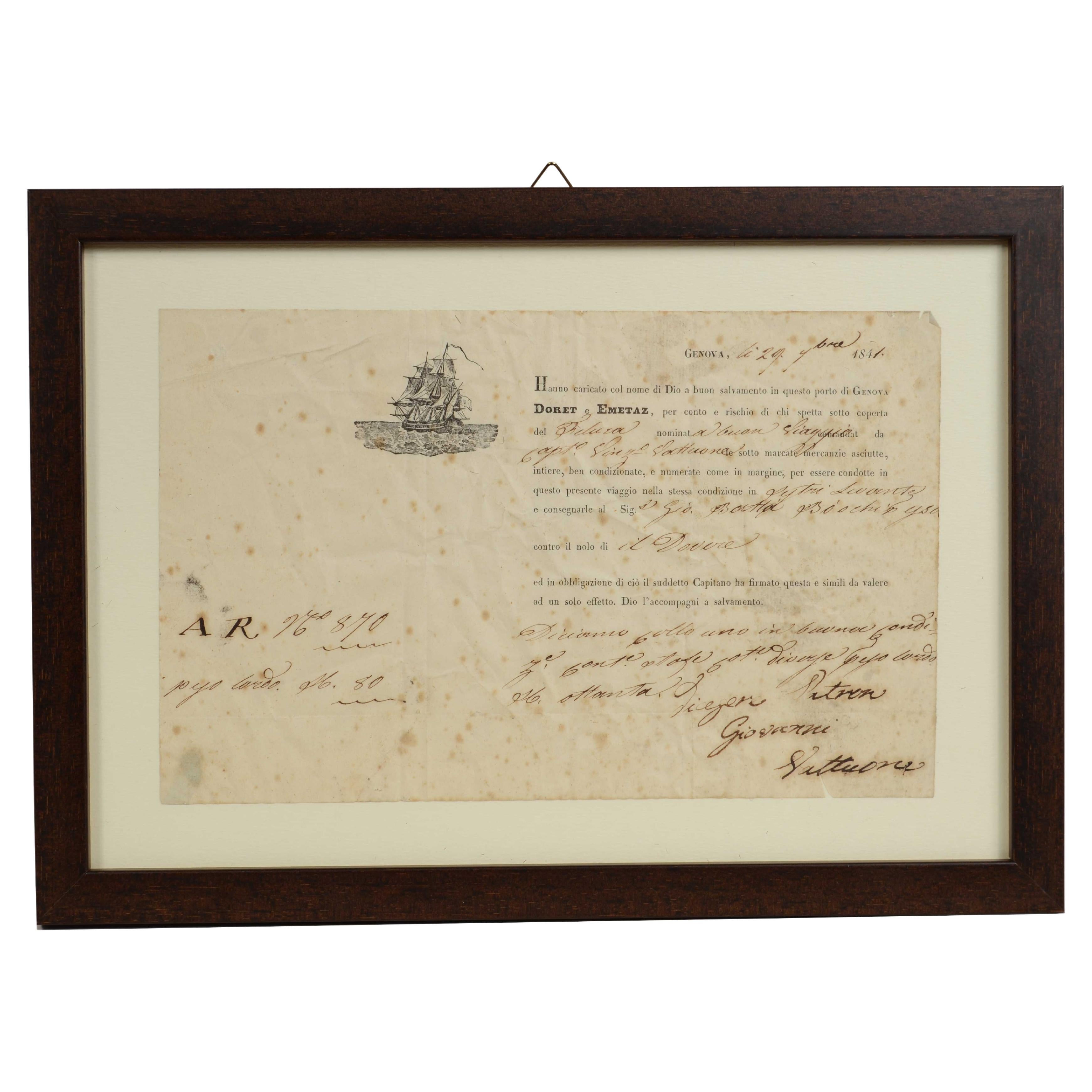 Bolla di trasporto marittimo 29 Ottobre 1841 della ditta Doret e Emetaz Genova For Sale