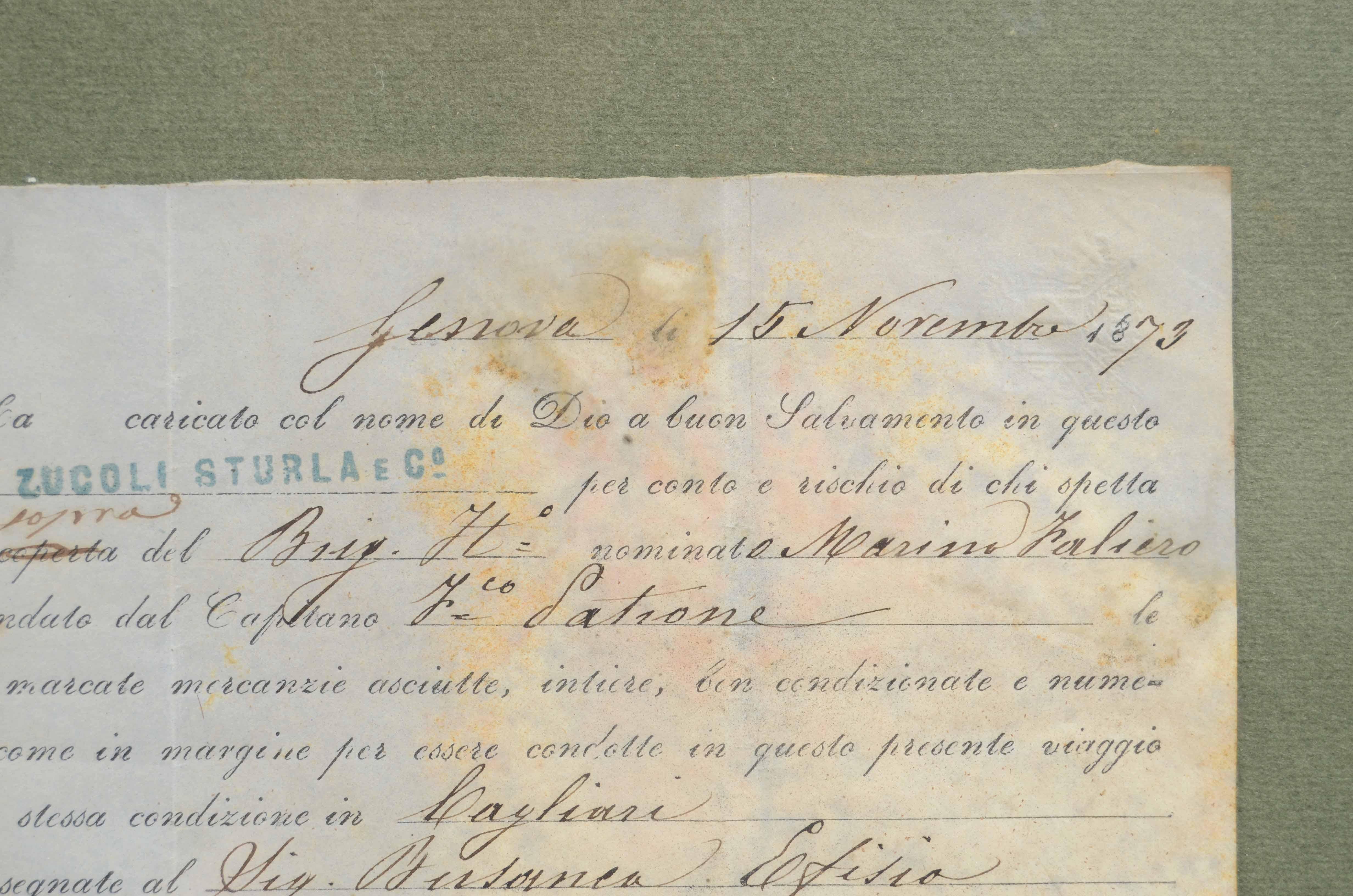 Paper Bolla di trasporto marittimo su carta del 15 ottobre 1873, da Genova a Cagliari For Sale