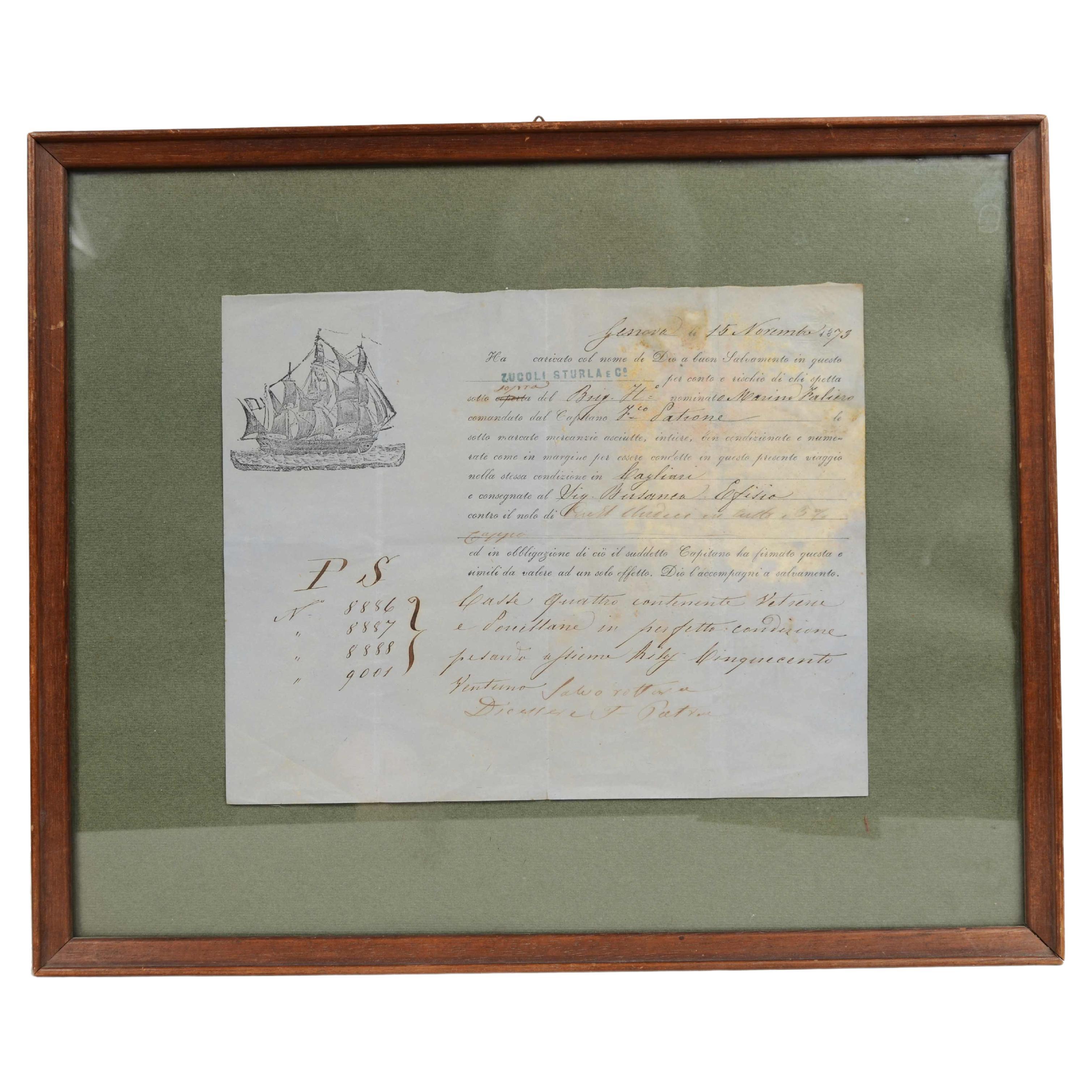 Bolla di trasporto marittimo su carta del 15 ottobre 1873, da Genova a Cagliari For Sale