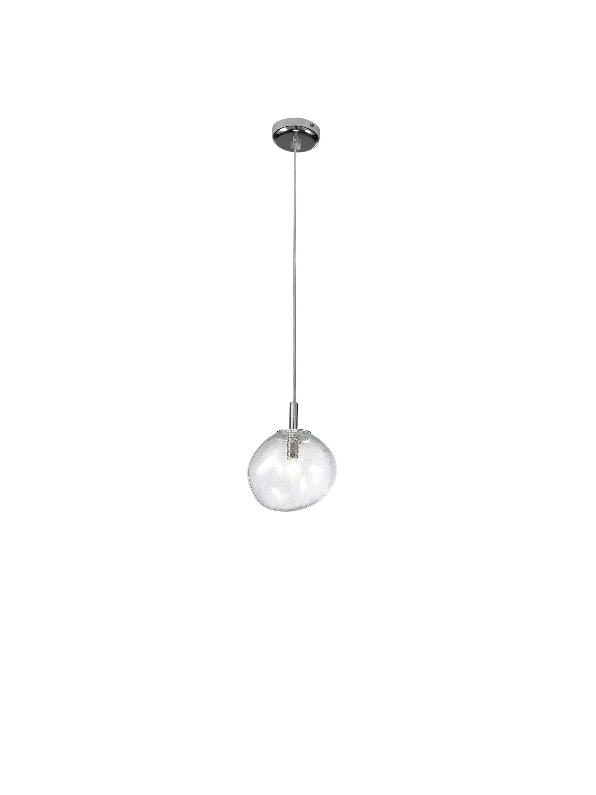 Pendente moderno italiano con paralume in vetro trasparente dalla forma organica e sferica, sospeso da un cavo trasparente e da una ferramenta cromata / Made in Italy by FABIO LTD
Diametro: 6 pollici / Altezza: 7 pollici più cavo e tettoia
1 luce /