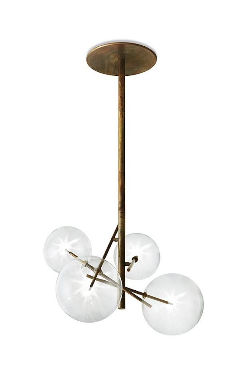 Modern Bolle Chandelier with 4 Handblown Glass Spheres & Burnished Brass Structure For Sale