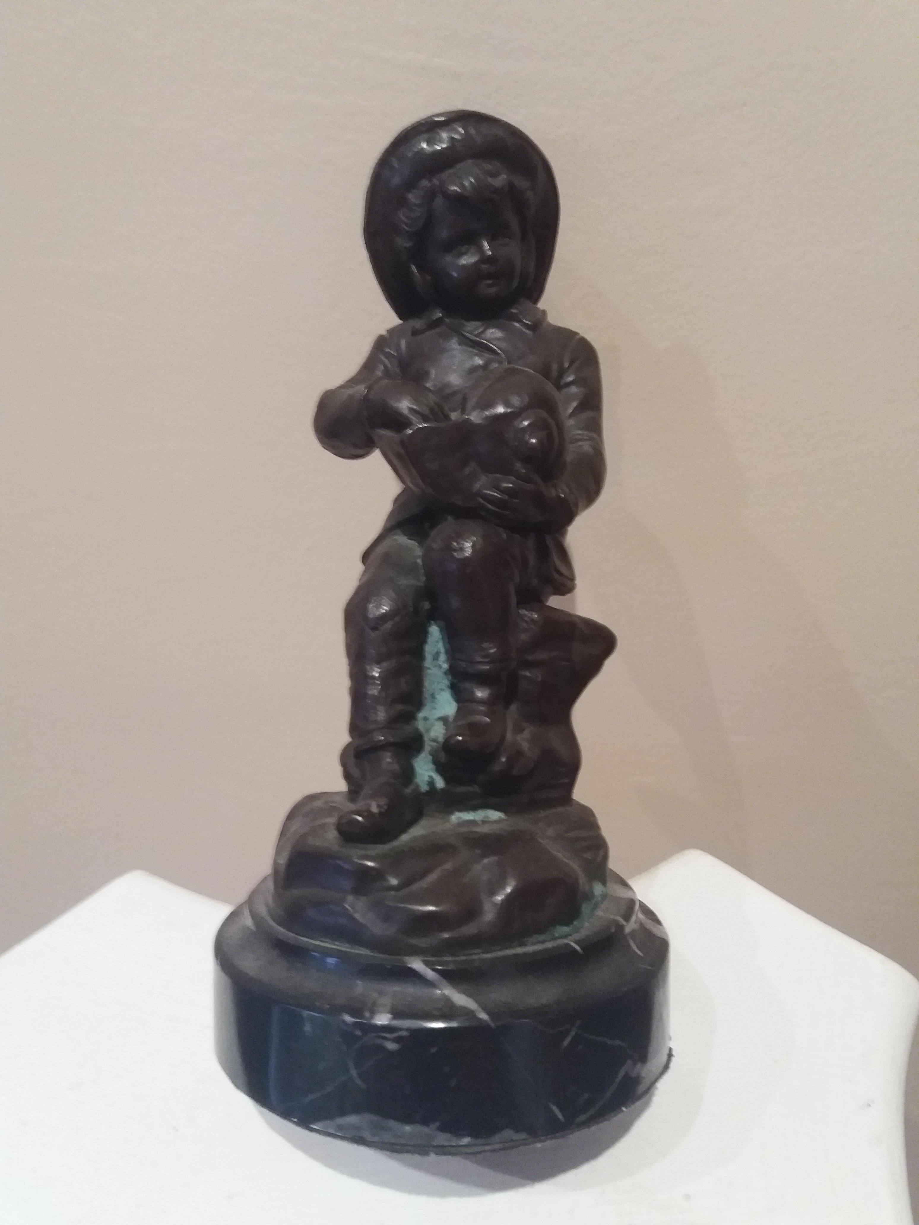 Bollel  Child and conch shell. Original multiple bronze sculpture - Realist Sculpture by BOLLEL