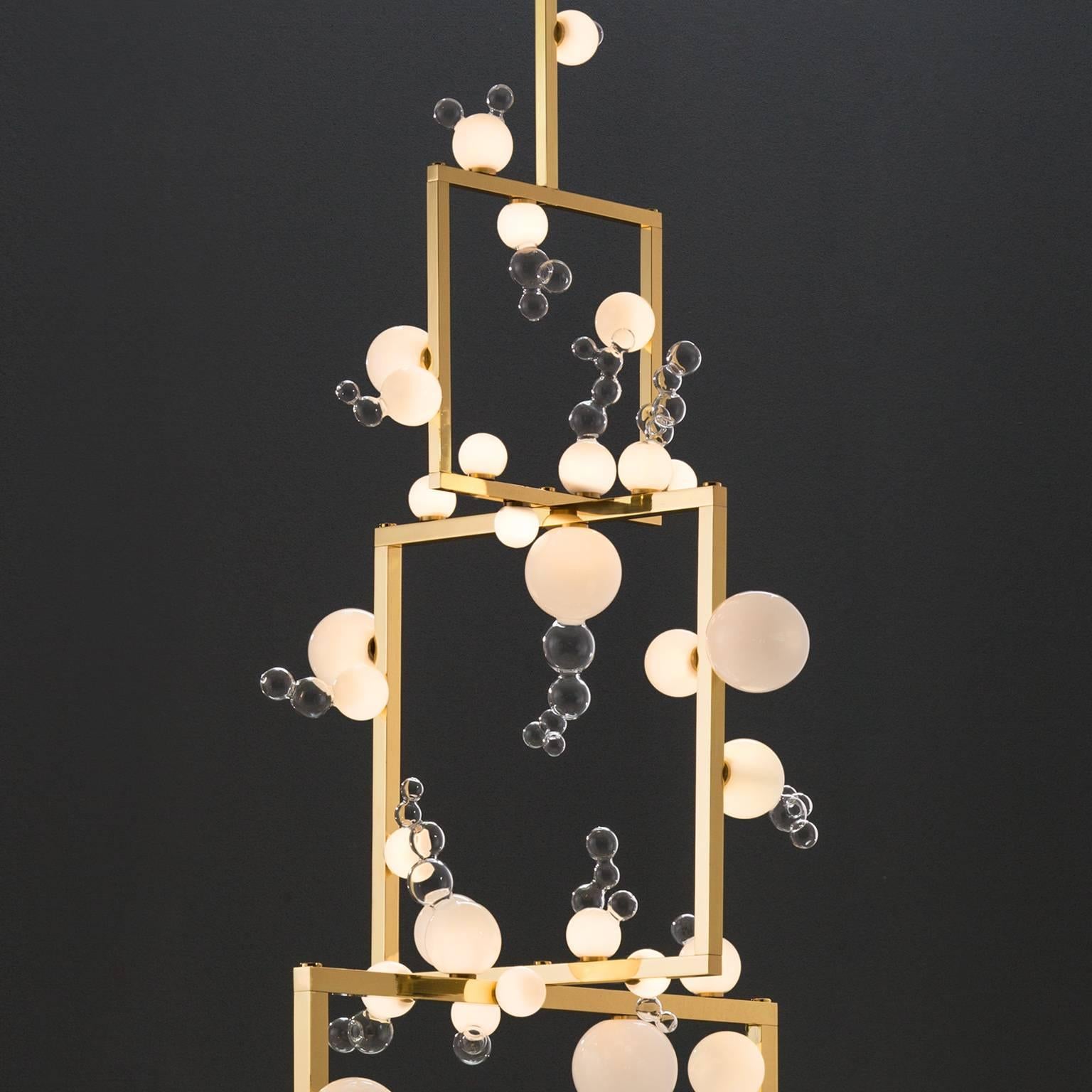 Organic Modern Bollicine Chandelier 'Three modules' Brass and Handblown Glass Pendant Light For Sale