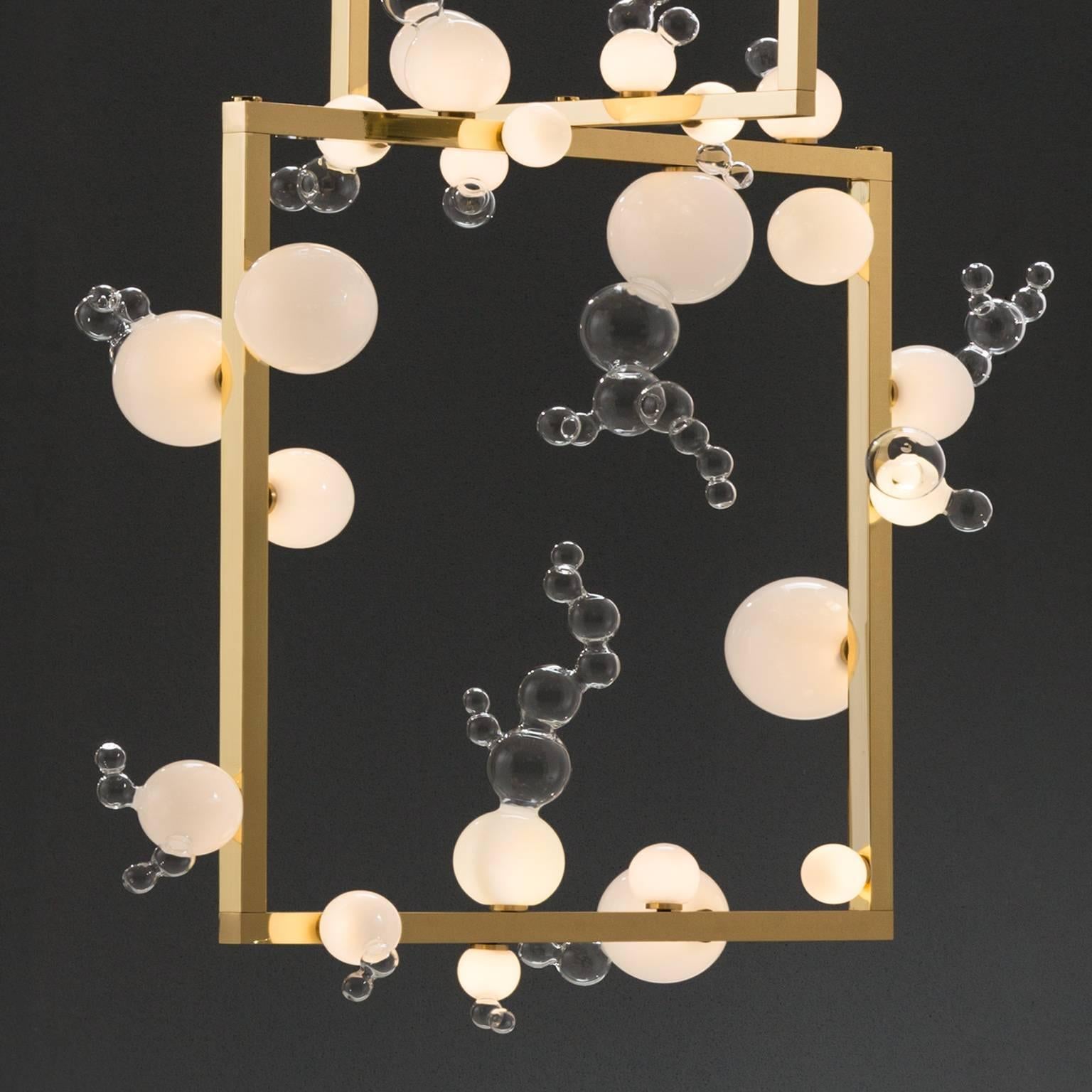 Italian Bollicine Chandelier 'Three modules' Brass and Handblown Glass Pendant Light For Sale