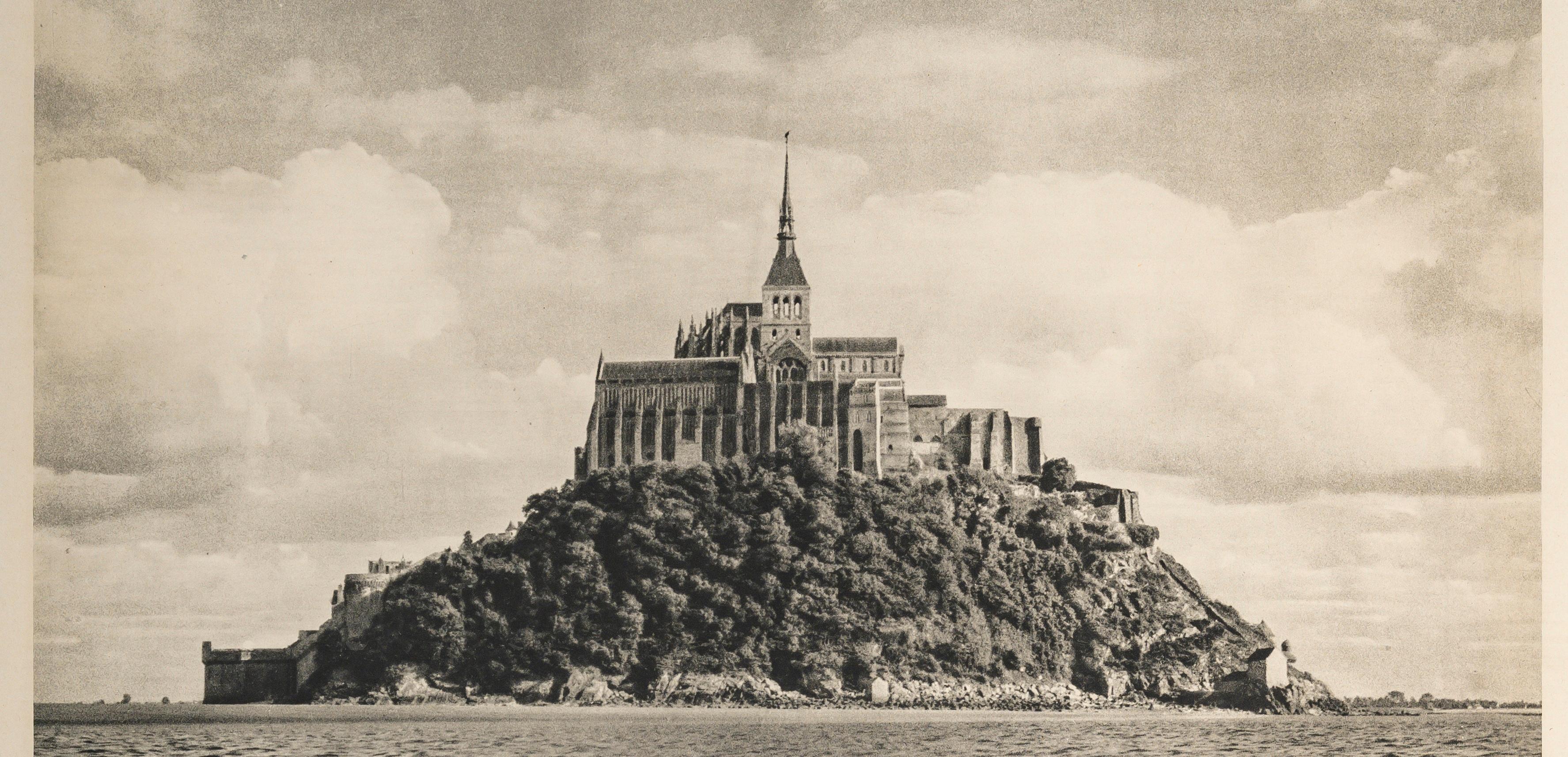 Bollinger, Cartel Vintage Original, Mont Saint Michel, Normandía, Abbay, 1950 Moderno de mediados de siglo en venta