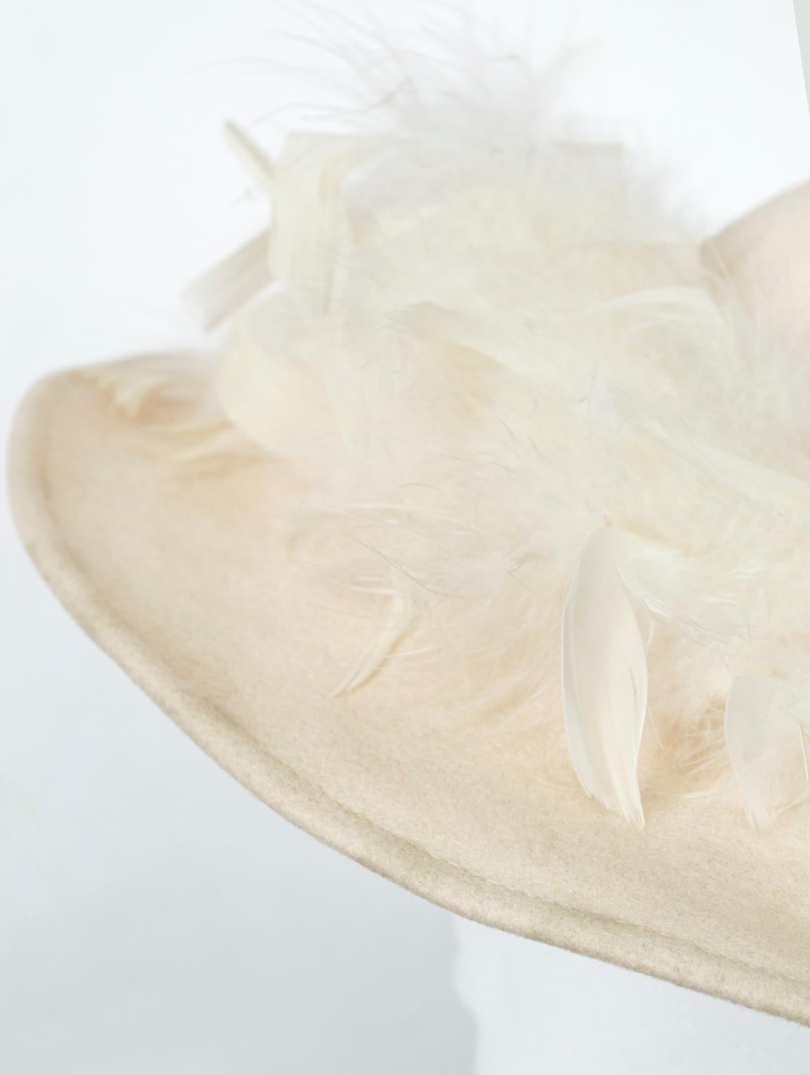 Beige Bollman Co. Ivory Boho Greenwich Floppy Hat with Ostrich Feather Band – M, 1970s For Sale