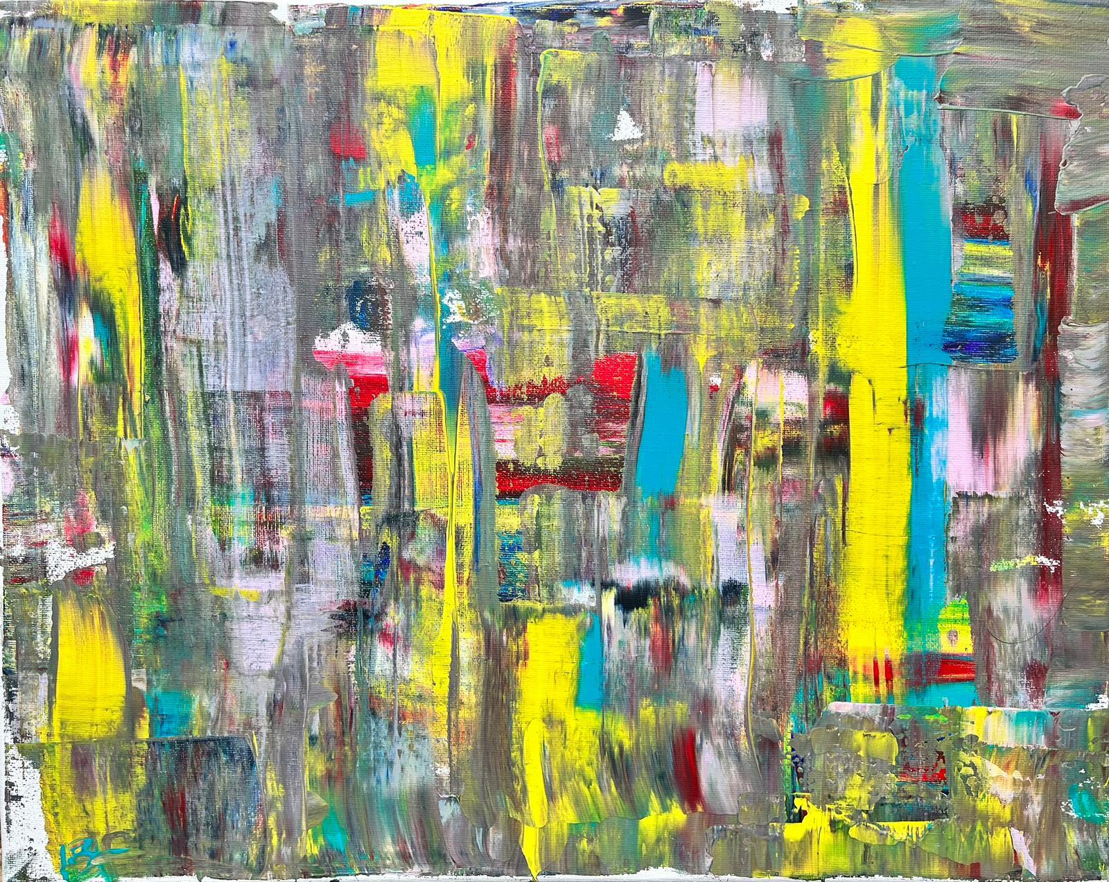Abstract Painting di Bolly Frost - Astratto britannico contemporaneo di grigio blu giallo multicolore