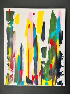 Contemporary British Abstract Painting Of Bright Colors Of Pink Yellow and Green