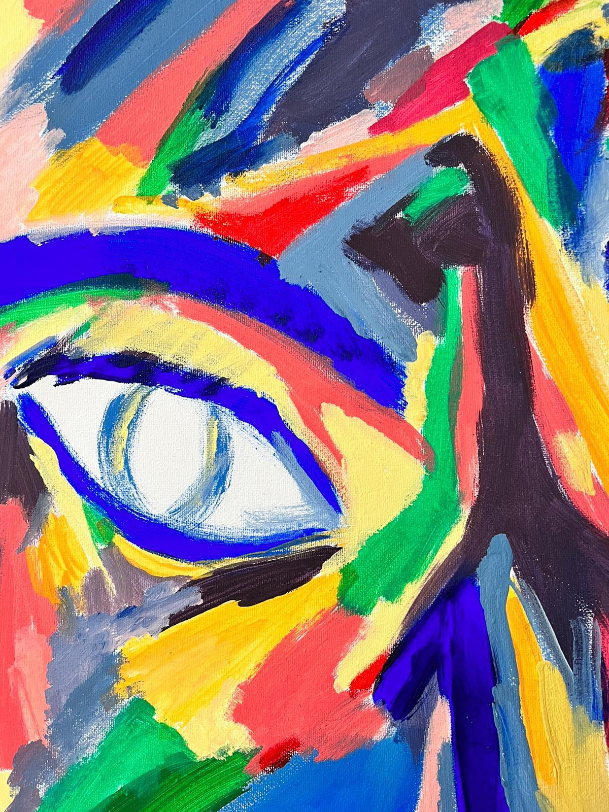 Volto astratto
da Bolly Frost
Pittura acrilica su tela 
firmato sul verso
dipinto: 29,5 x 24 pollici  

Superbo ritratto astratto moderno originale del pittore contemporaneo in ascesa Bolly Frost. Un'incredibile infusione di colori, che si