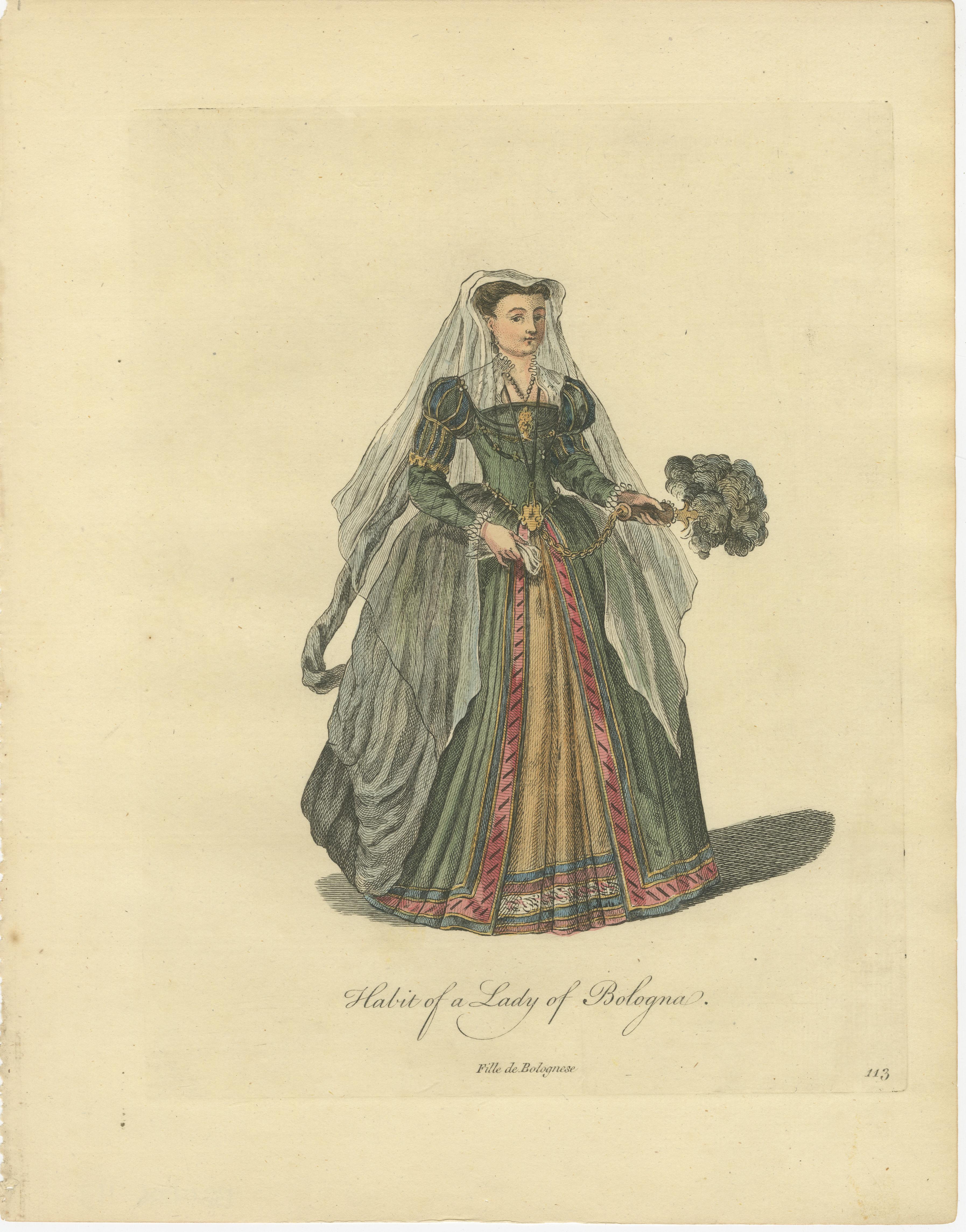 Bologna Renaissance Costume Engravings, Hand-Colored Italian Fashion Pair, 1749