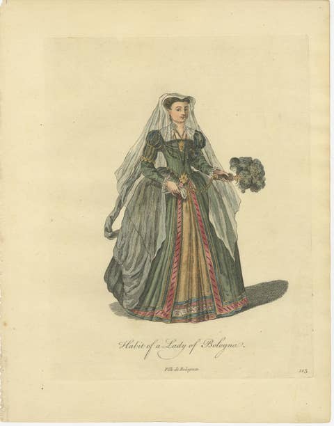 Bologna Renaissance Costume Engravings, Hand-Colored Italian Fashion Pair, 1749