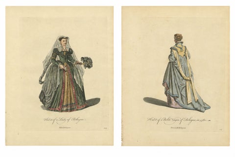 Bologna Renaissance Costume Engravings, Hand-Colored Italian Fashion Pair, 1749