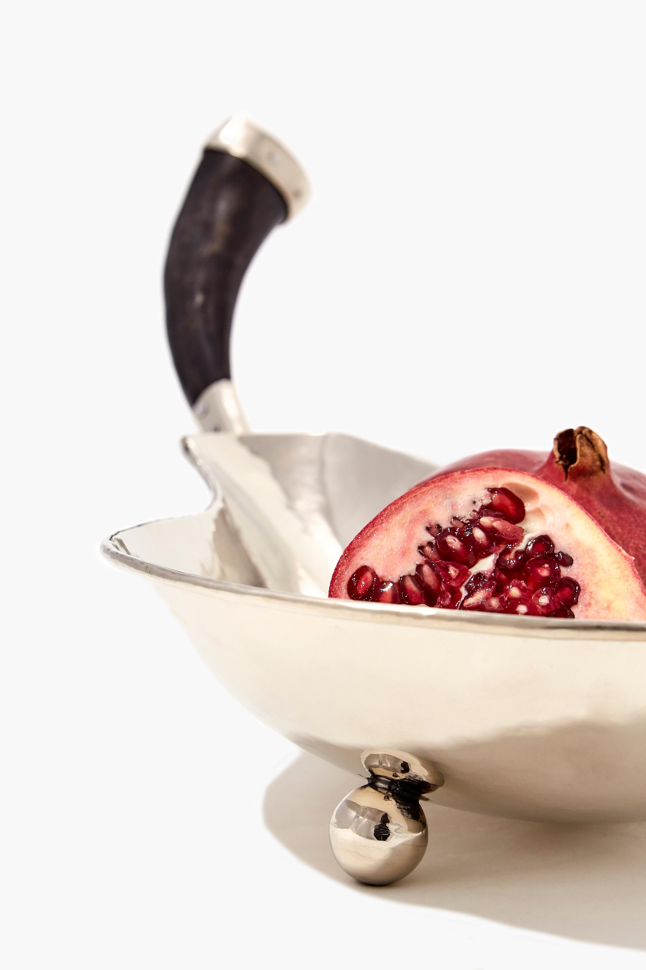 Organic Modern Bolson Pear Small Bowl, Horn & Alpaca Silver For Sale