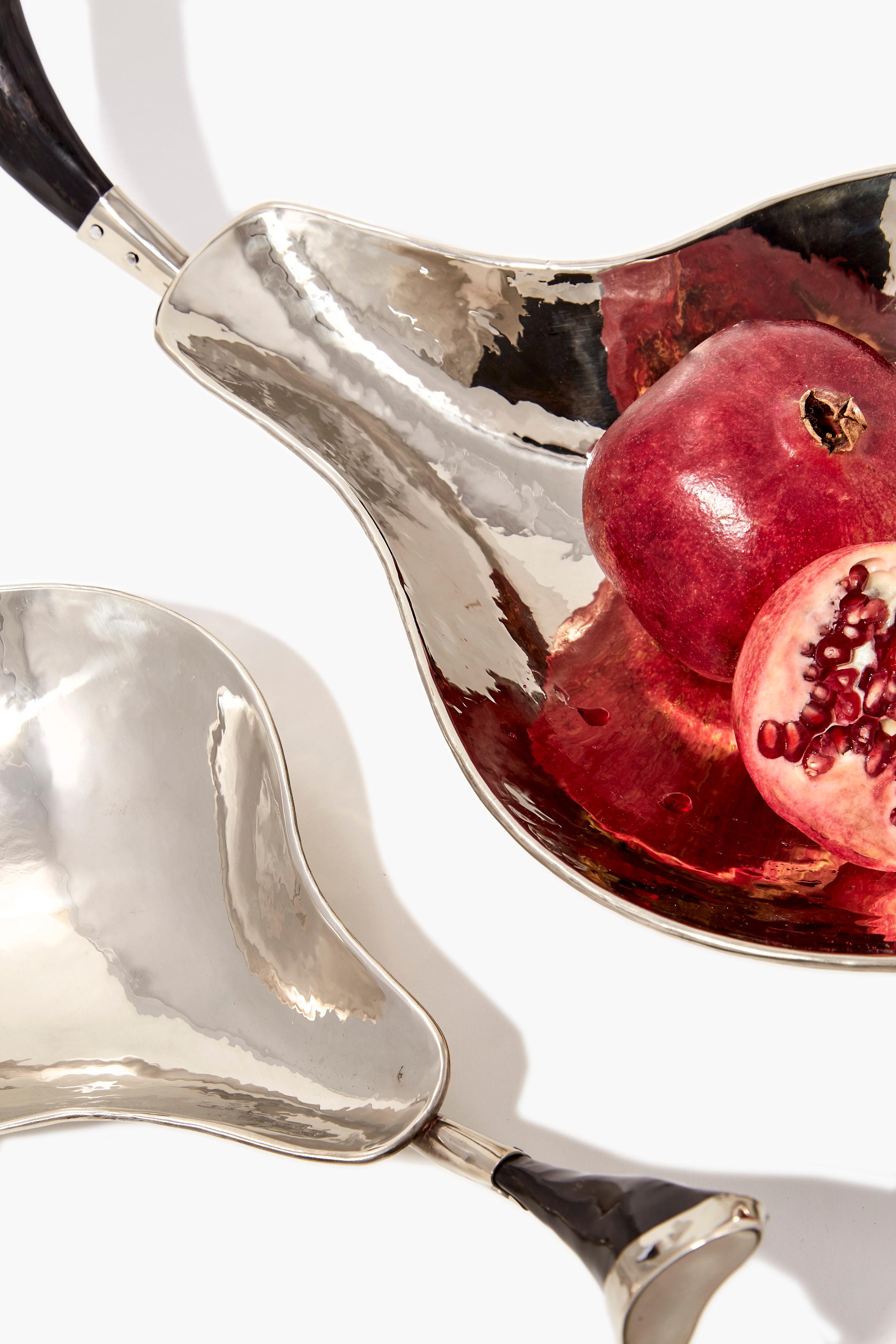 Hammered Bolson Pear Small Bowl, Horn & Alpaca Silver For Sale