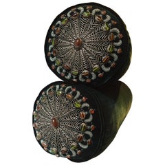 Bolster Cushions Velvet Dark Emerald Silver Embroidery with Semi Precious Stones