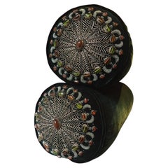 Bolster Cushions Velvet Dark Emerald Silver Embroidery with Semi Precious Stones