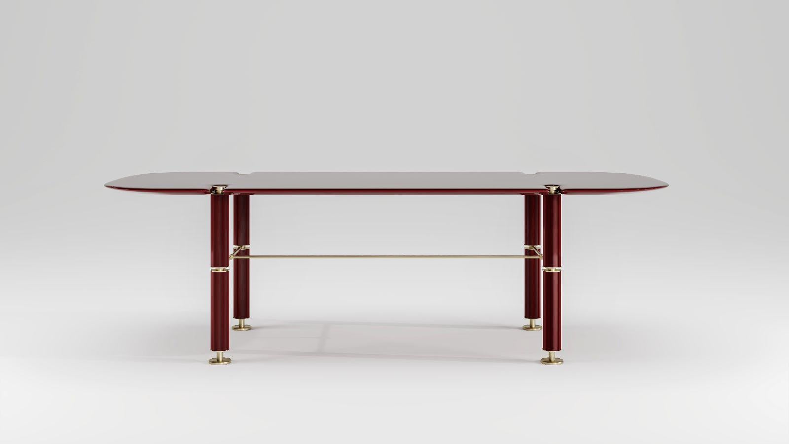 Brushed Bolt Dining Table in Lacquered Wood and Brass For Sale