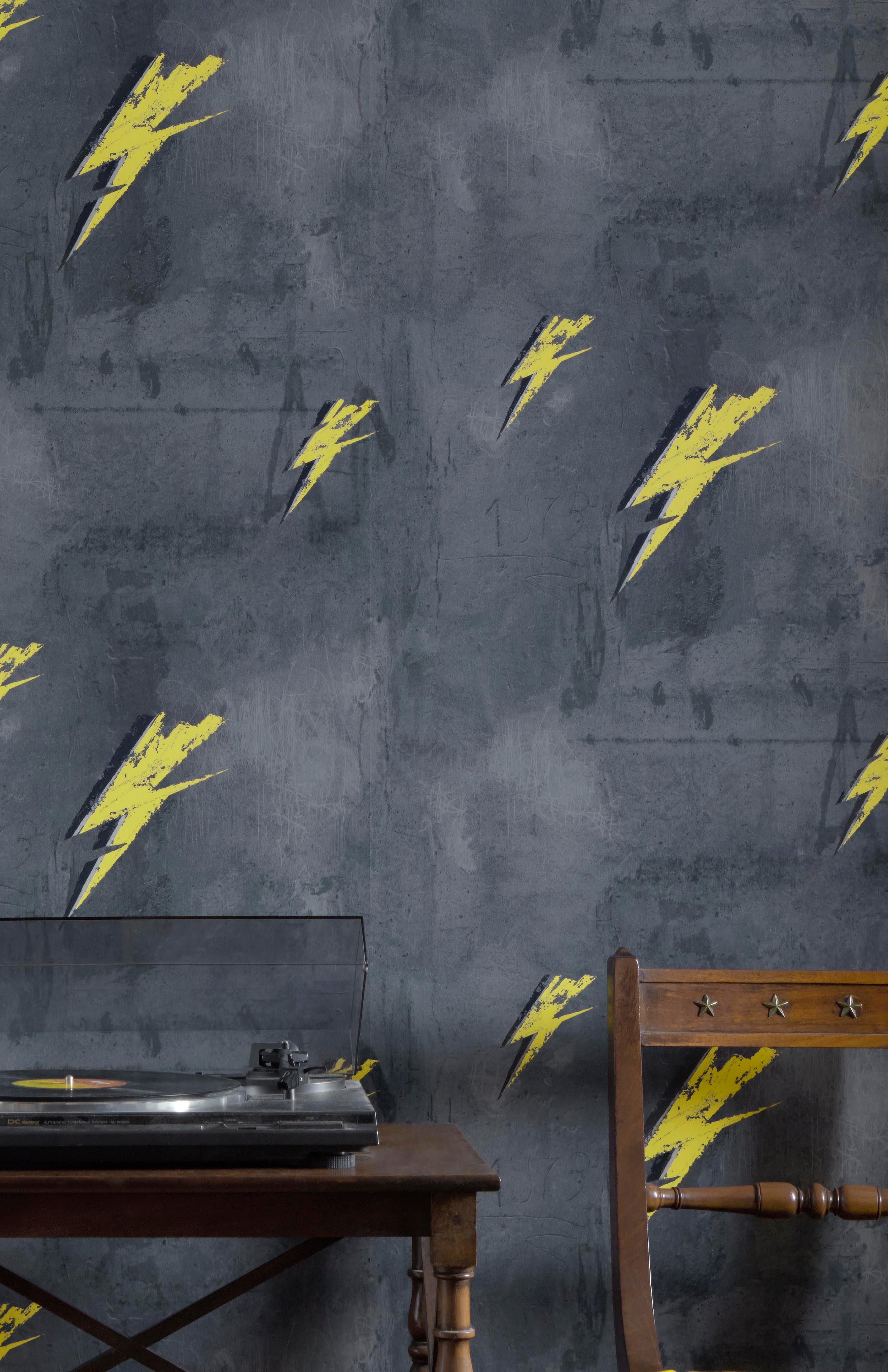 British 'Bolt from Mars' Contemporary, Traditional Wallpaper in Yellow on Charcoal For Sale