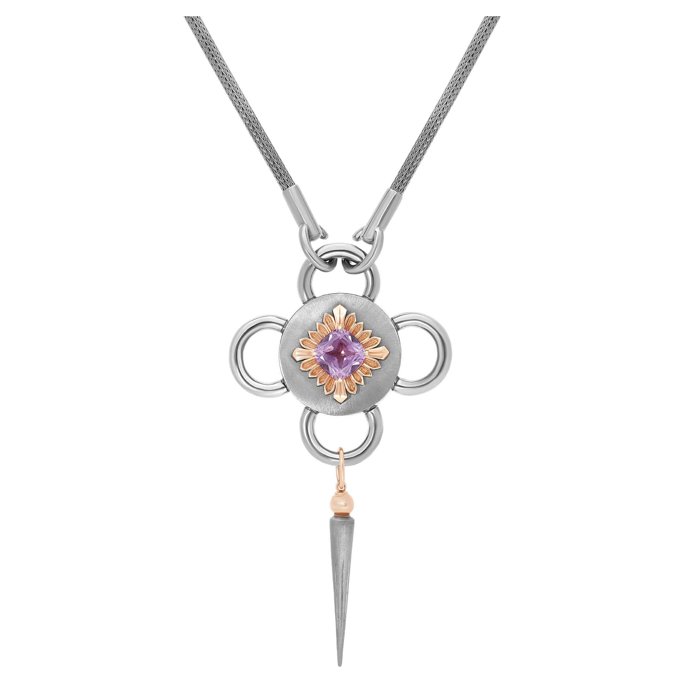 Bolt Necklace, Blackened Silver and Rose Gold, Amethyst