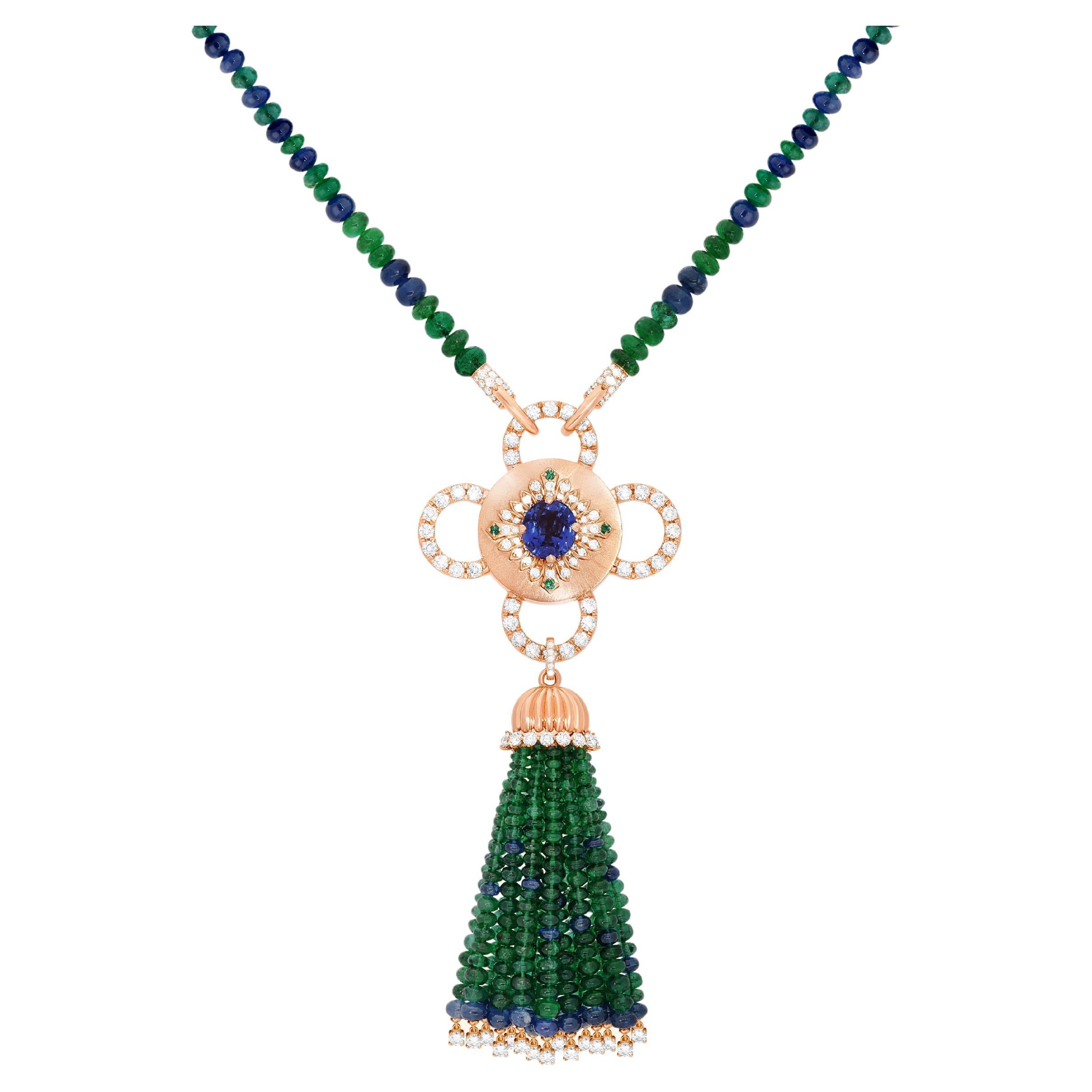 Bolt Necklace Odyssée, Rose Gold, Sapphires, Diamonds and Emeralds