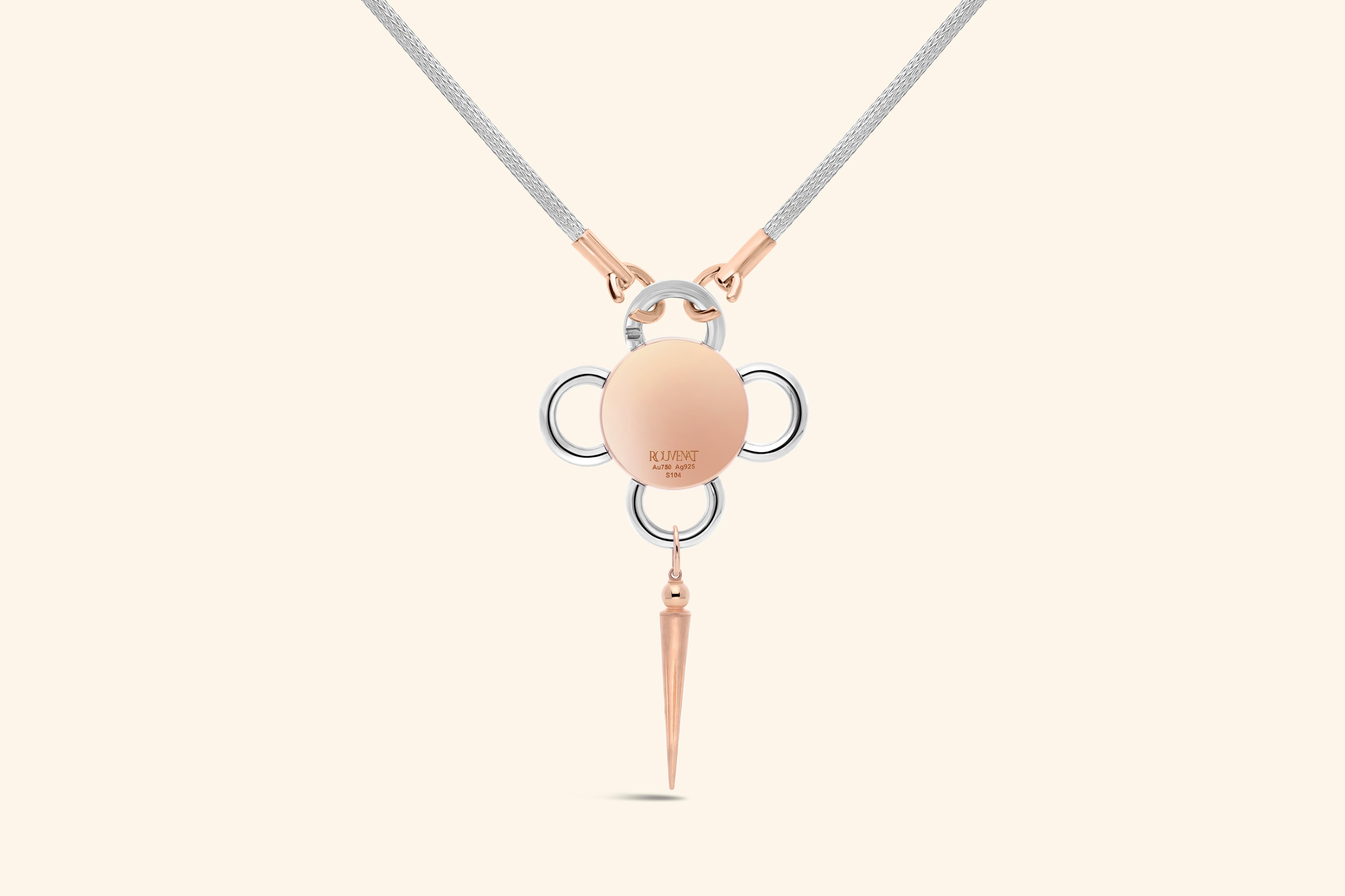 Bolt necklace is transformed around antique gemstones. Inspired by 19th-century archives, it gives new life to the Rosace medallion invented by Léon Rouvenat.

Here, Bolt necklace highlights a ~1-carat emerald cut diamond. The polished silver center