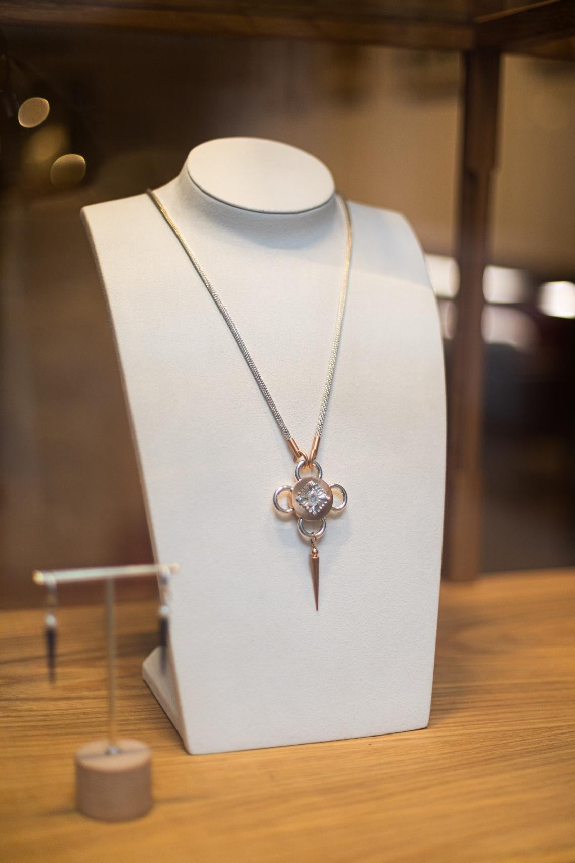 Emerald Cut Bolt Necklace, Rose Gold and Silver, Diamond For Sale