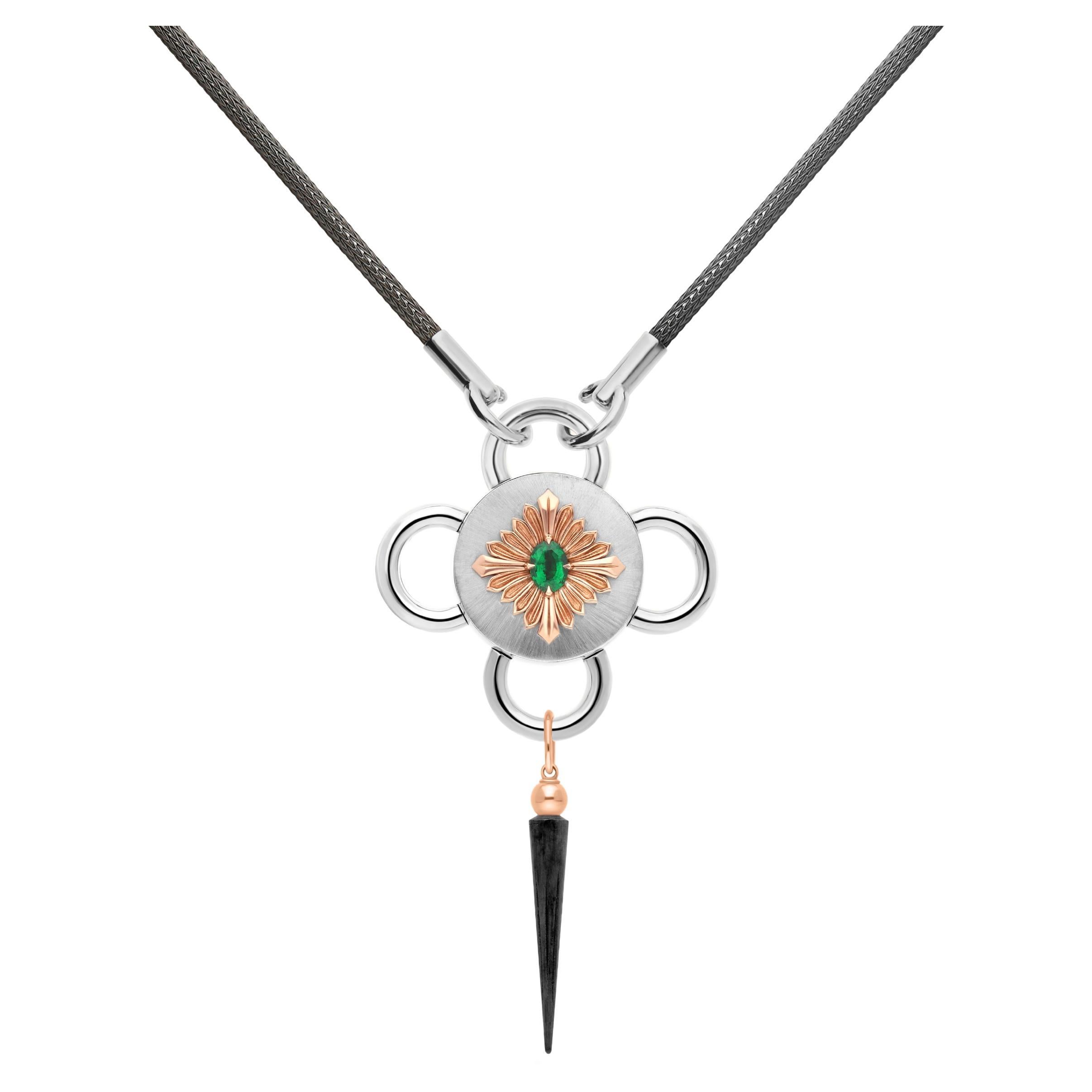 Bolt Necklace, Silver and Rose gold, Emerald For Sale