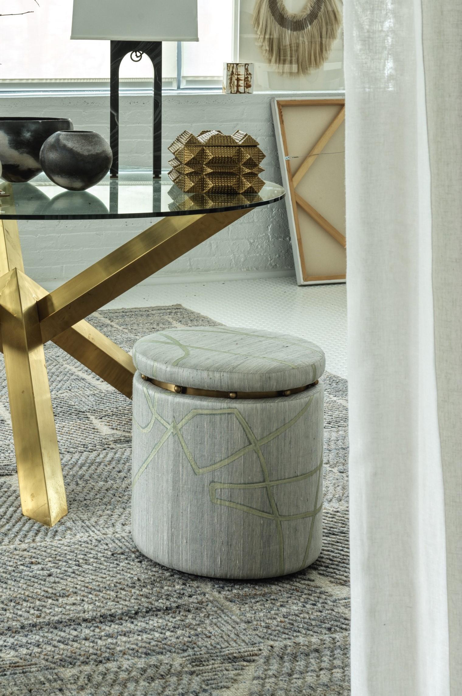 American Bolt Stool in Brass and Hand Painted Silk For Sale