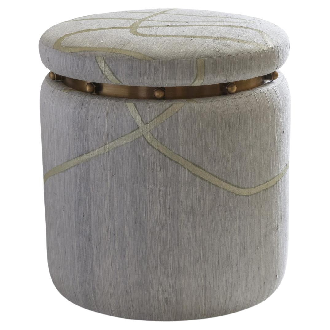 Bolt Stool in Brass and Hand Painted Silk For Sale
