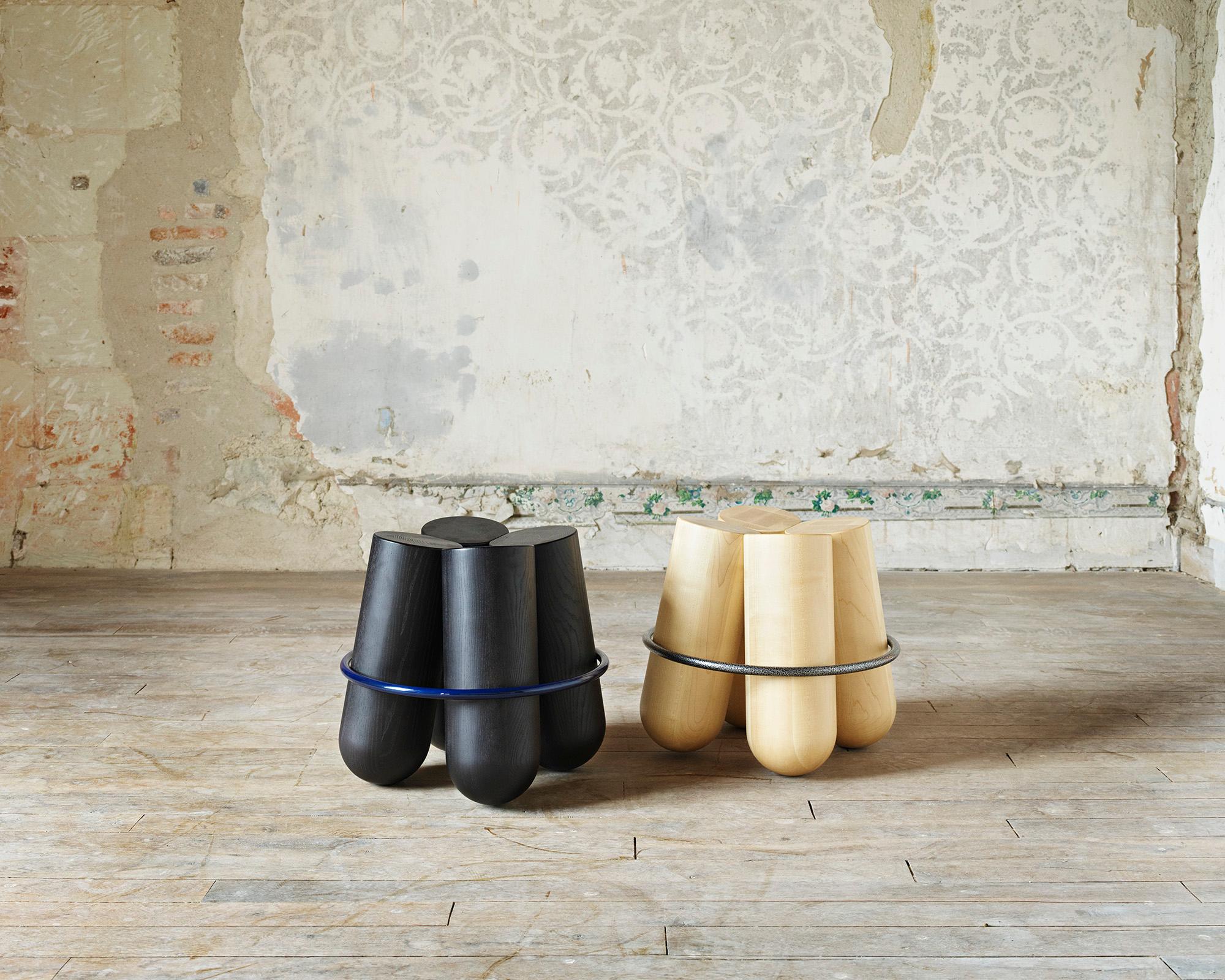 Bolt is a stool with a simple construction, four cylinders of solid wood are held together by a metal ring. The result is both a modern and statuesque object that will surprise with its unexpected comfort.

Won the wallpaper design awards