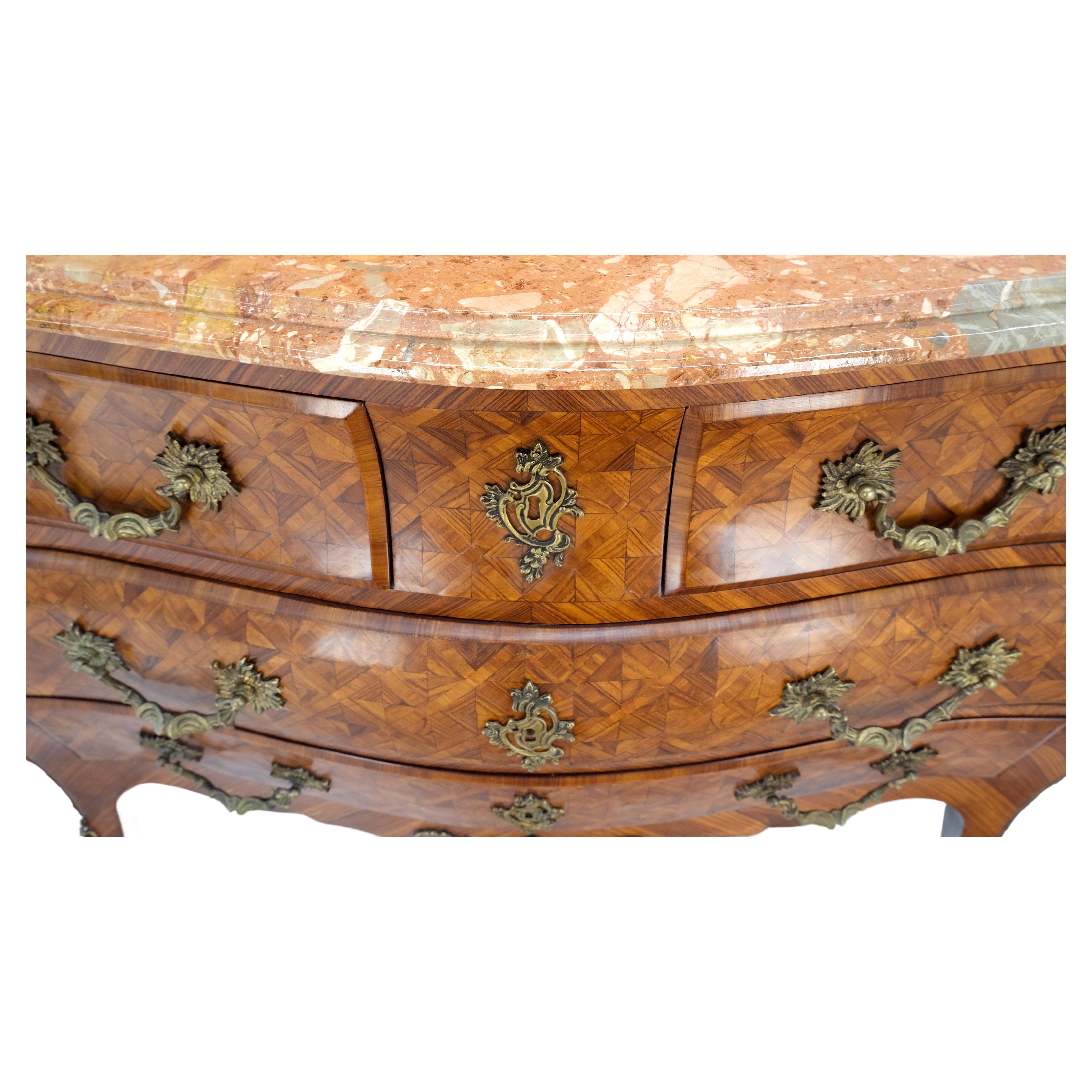 Lacquered Bombe Bronze Ormolu Marble Top French Satinwood Louis XV 3 Drawers Dresser MINT! For Sale