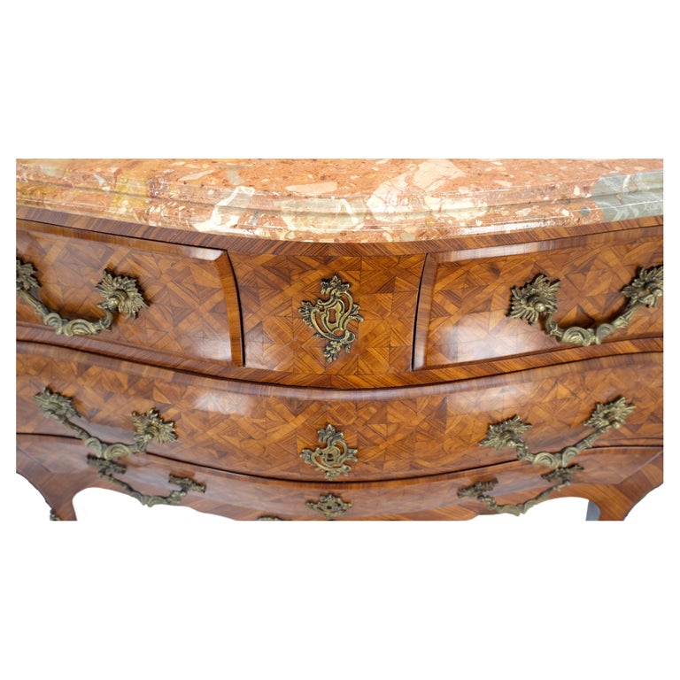 Bombe Bronze Ormolu Marble Top French Satinwood Louis XV 3 Drawers Dresser MINT! For Sale at 1stDibs
