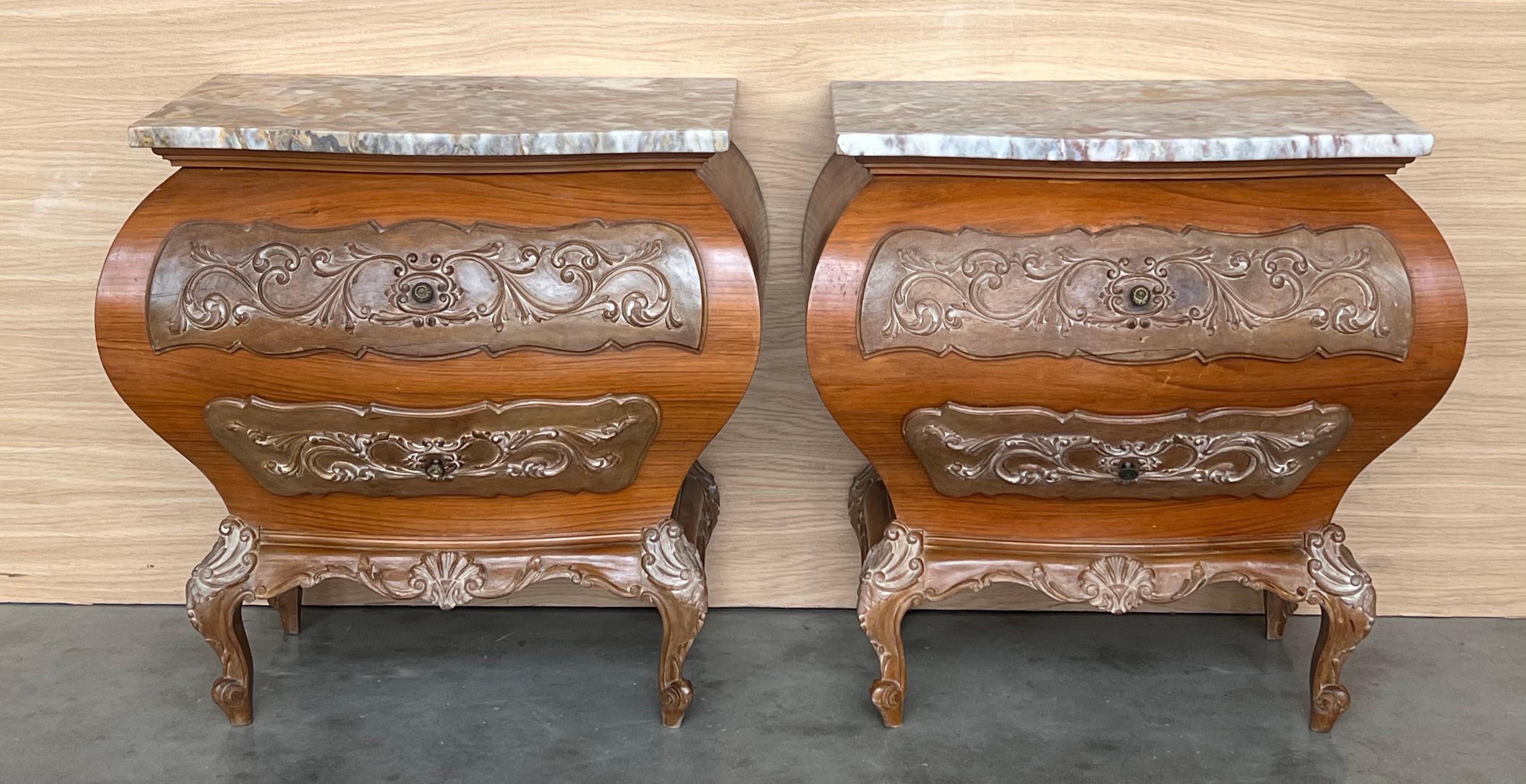 Pair of Spanish Carved Nightstands with three Drawers and Marble Top, signed by Mariano García