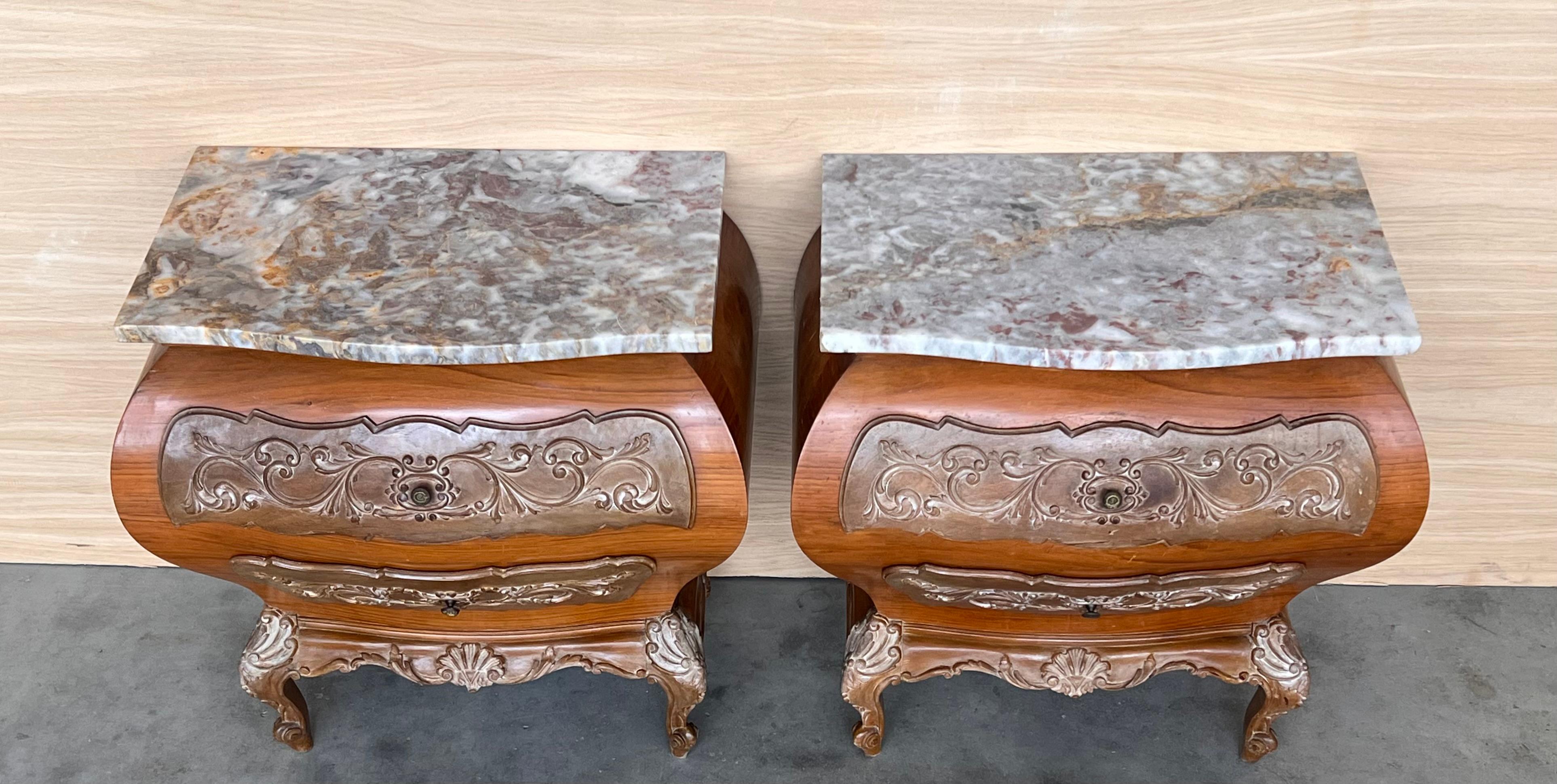 Spanish Bombé Carved Nightstands with three Drawers and Marble Top, Mariano Garcia For Sale
