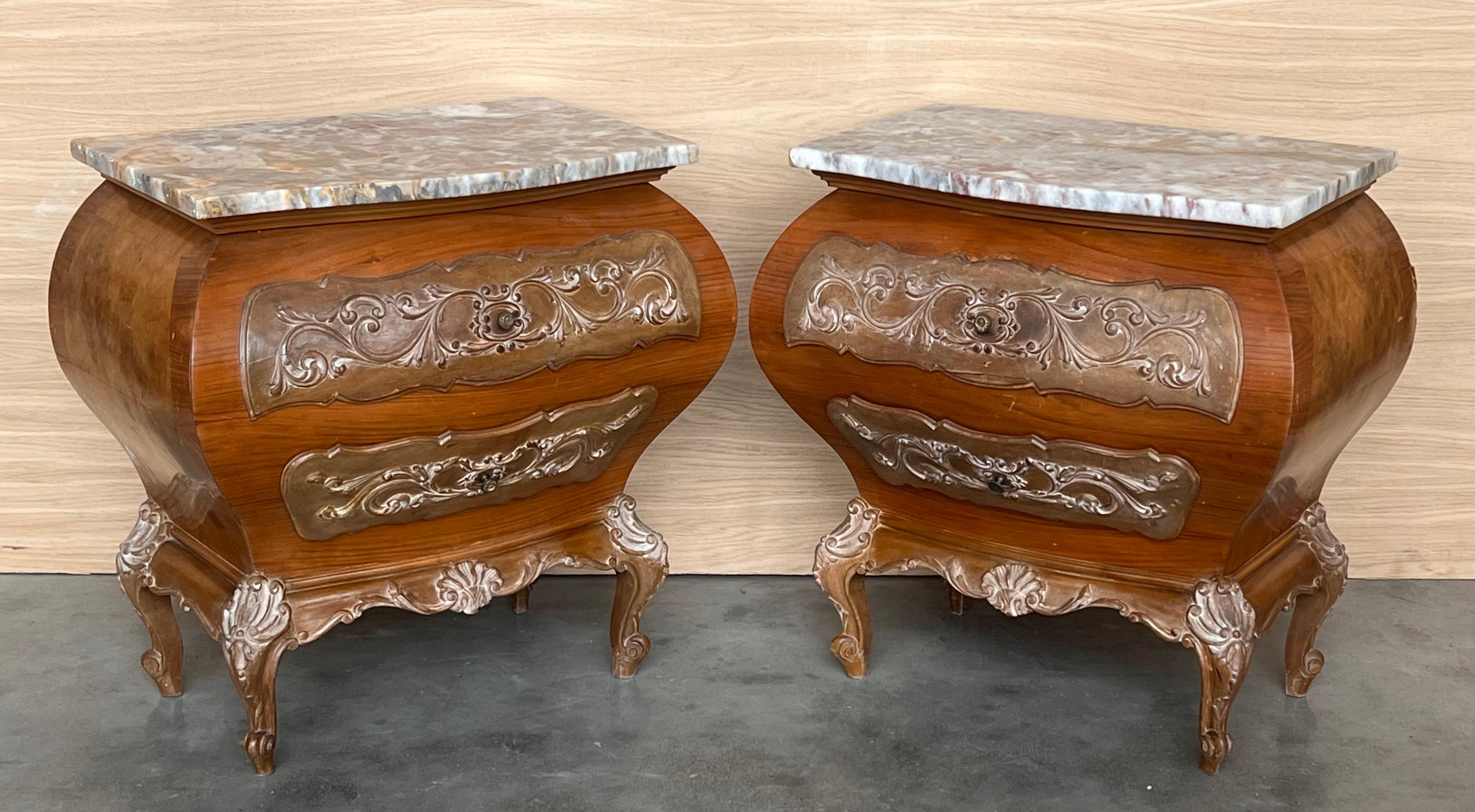 20th Century Bombé Carved Nightstands with three Drawers and Marble Top, Mariano Garcia For Sale