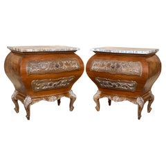 Bombé Carved Nightstands with three Drawers and Marble Top, Mariano Garcia